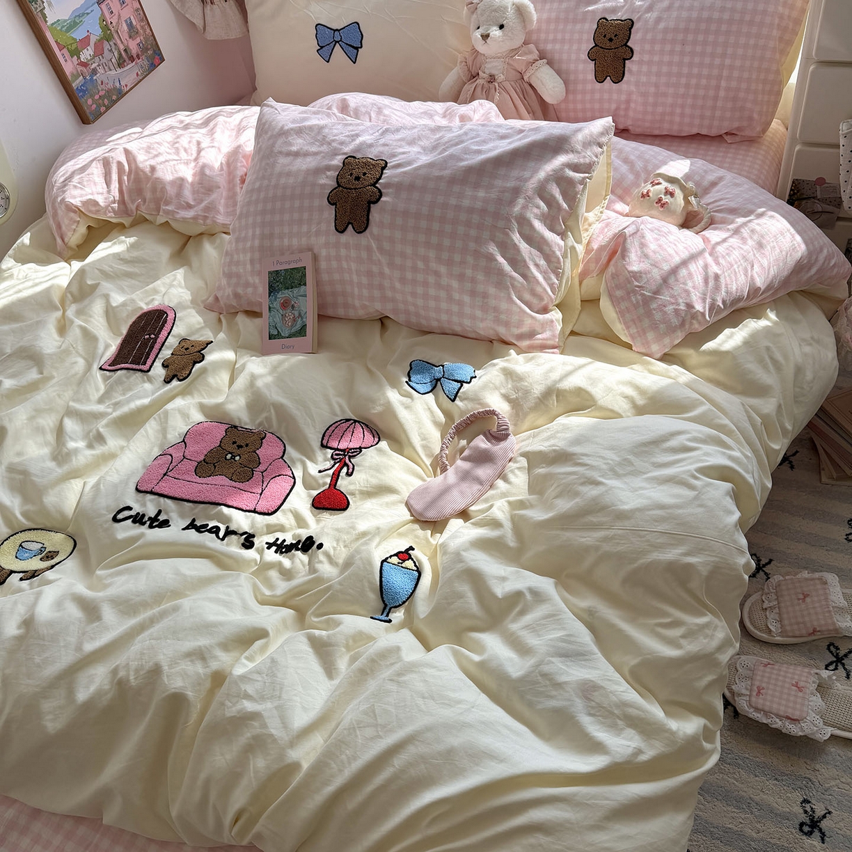 91家纺网 家纺一手货源 找家纺 原素 2026新款新春卡哇伊毛巾绣四件套 沙发抱抱熊