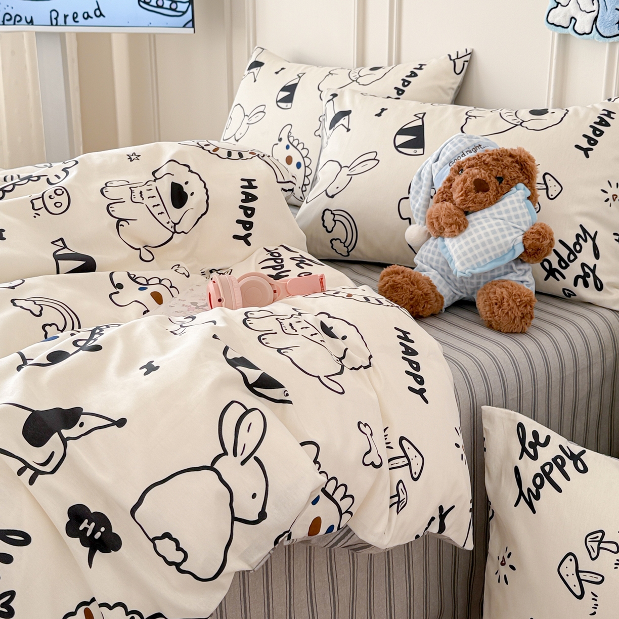 91家纺网 家纺一手货源 找家纺 简宜家居（朝初家纺） 2026新款全棉12868卡通印花四件套大耳朵兔兔系列 黑白动物集