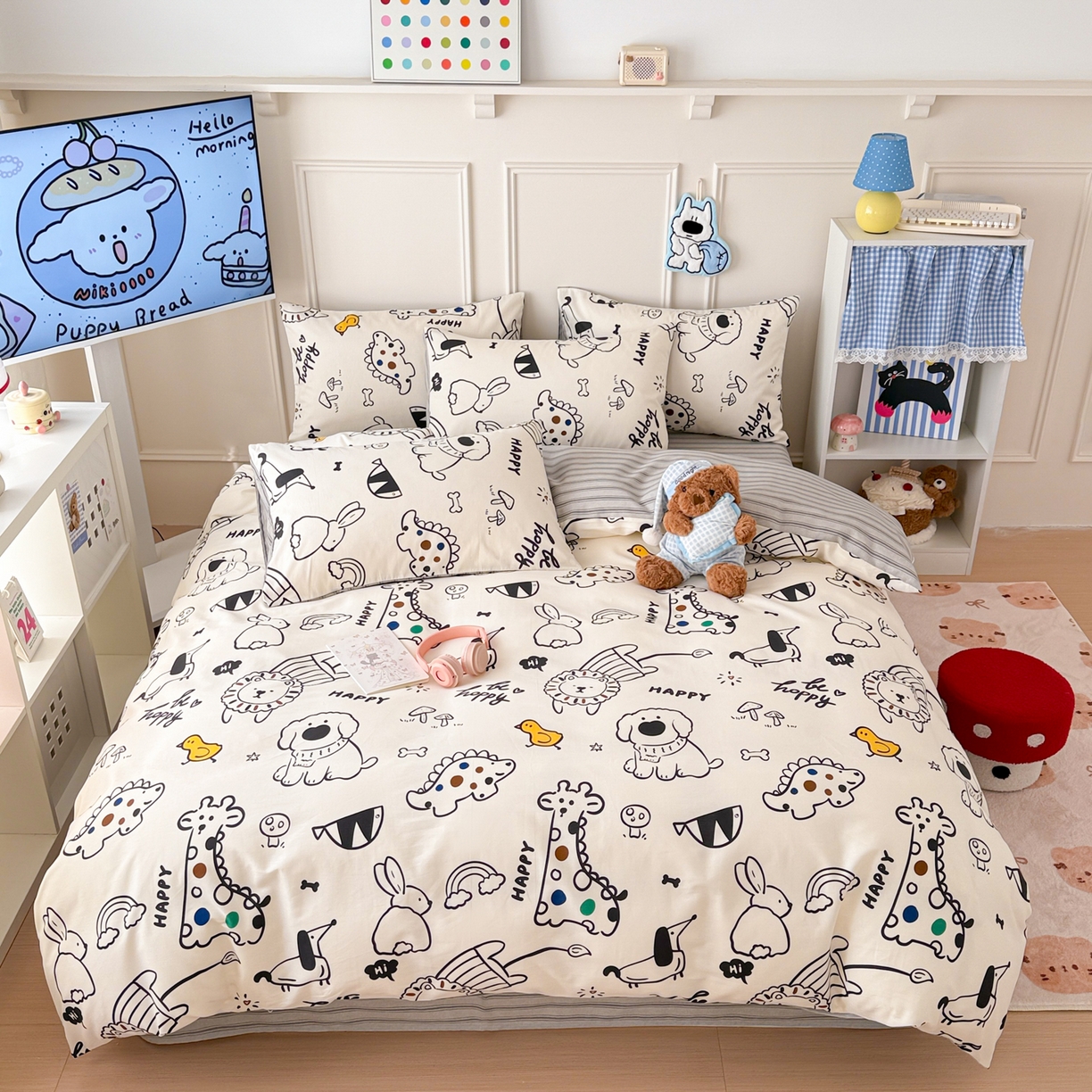 91家纺网 家纺一手货源 找家纺 简宜家居（朝初家纺） 2026新款全棉12868卡通印花四件套大耳朵兔兔系列 黑白动物集