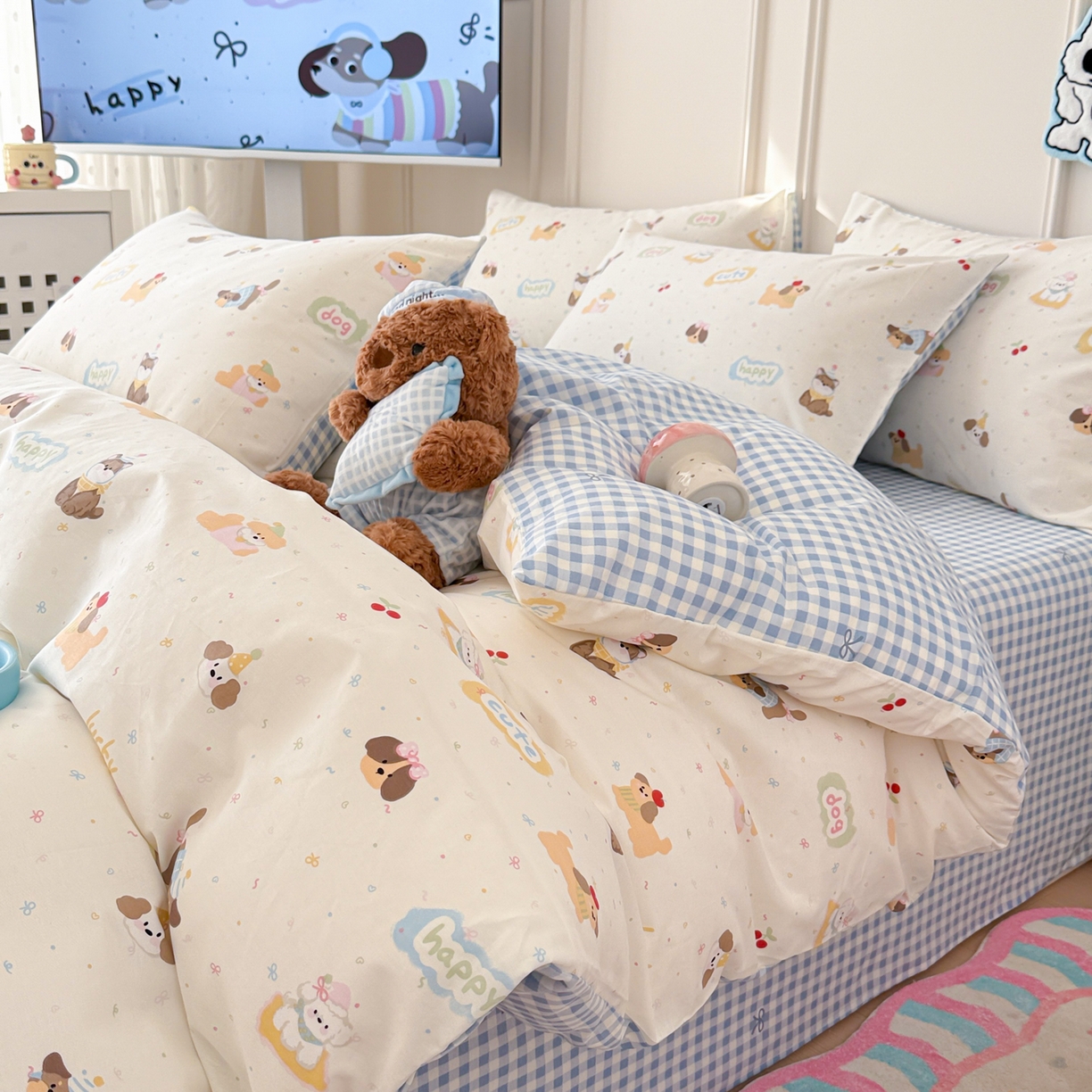 91家纺网 家纺一手货源 找家纺 简宜家居（朝初家纺） 2026新款全棉12868卡通印花四件套大耳朵兔兔系列 蝴蝶结萌宠