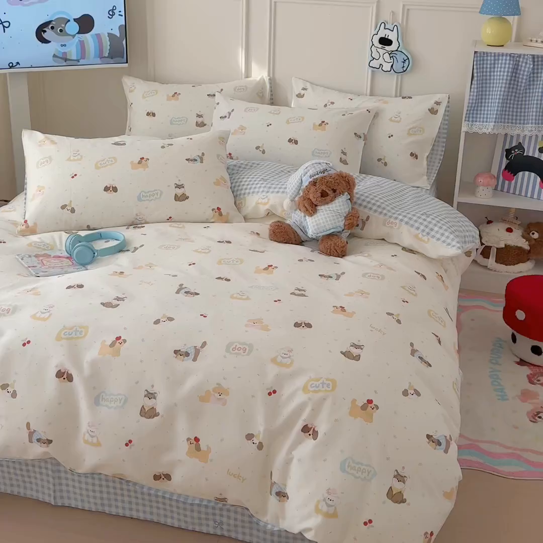 91家纺网 家纺一手货源 找家纺 简宜家居（朝初家纺） 2026新款全棉12868卡通印花四件套大耳朵兔兔系列 蝴蝶结萌宠