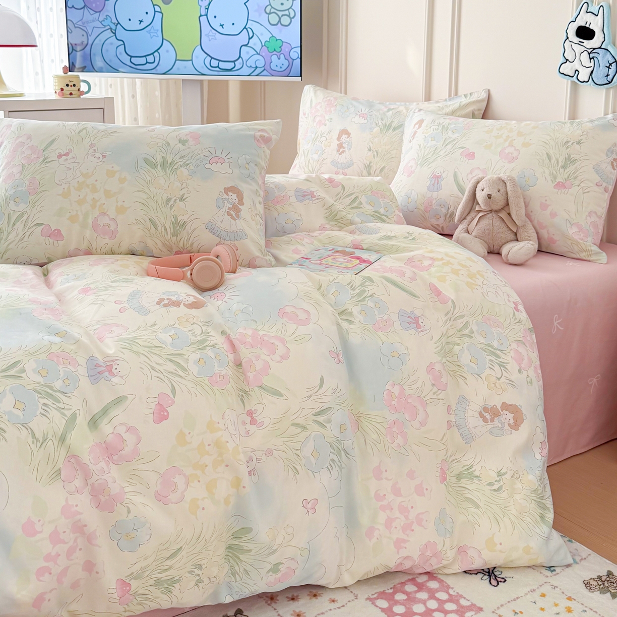 91家纺网 家纺一手货源 找家纺 简宜家居（朝初家纺） 2026新款全棉12868卡通印花四件套大耳朵兔兔系列 花海童话