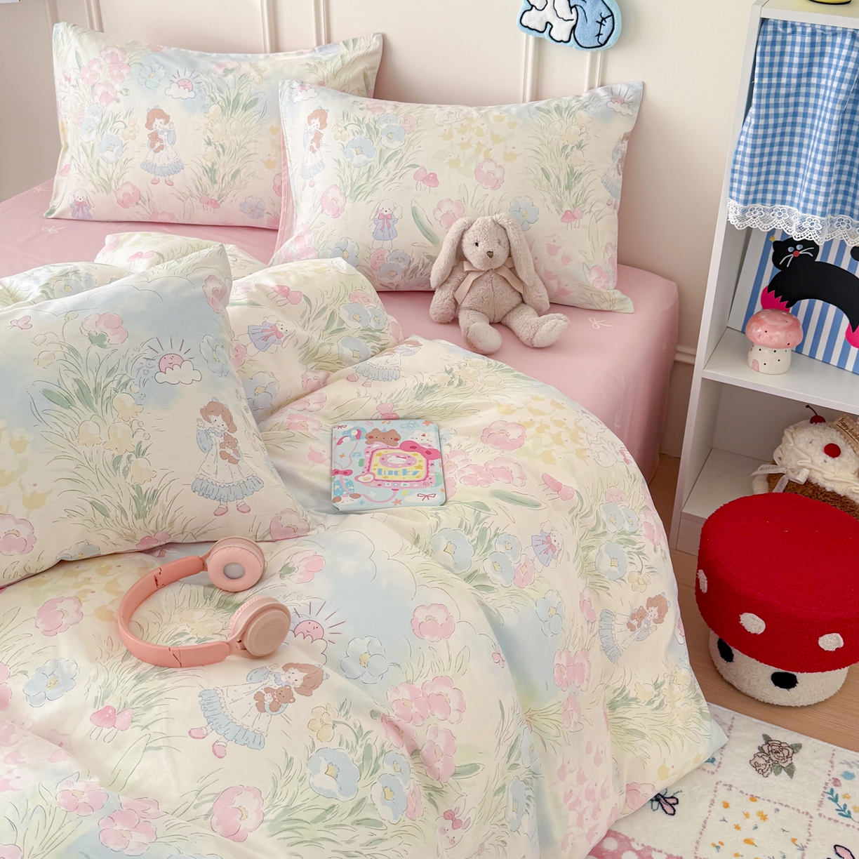 91家纺网 家纺一手货源 找家纺 简宜家居（朝初家纺） 2026新款全棉12868卡通印花四件套大耳朵兔兔系列 花海童话