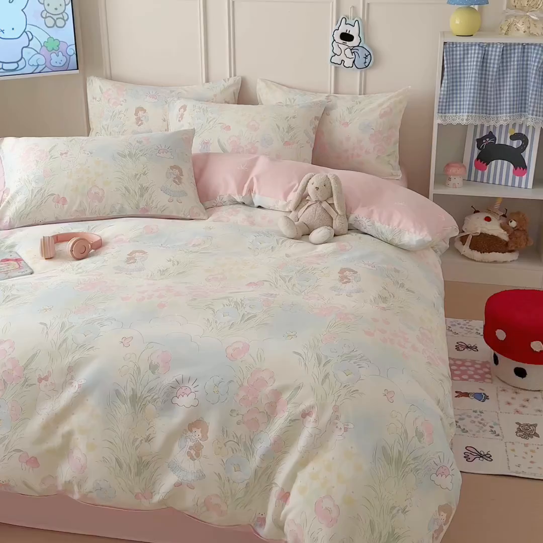 91家纺网 家纺一手货源 找家纺 简宜家居（朝初家纺） 2026新款全棉12868卡通印花四件套大耳朵兔兔系列 花海童话