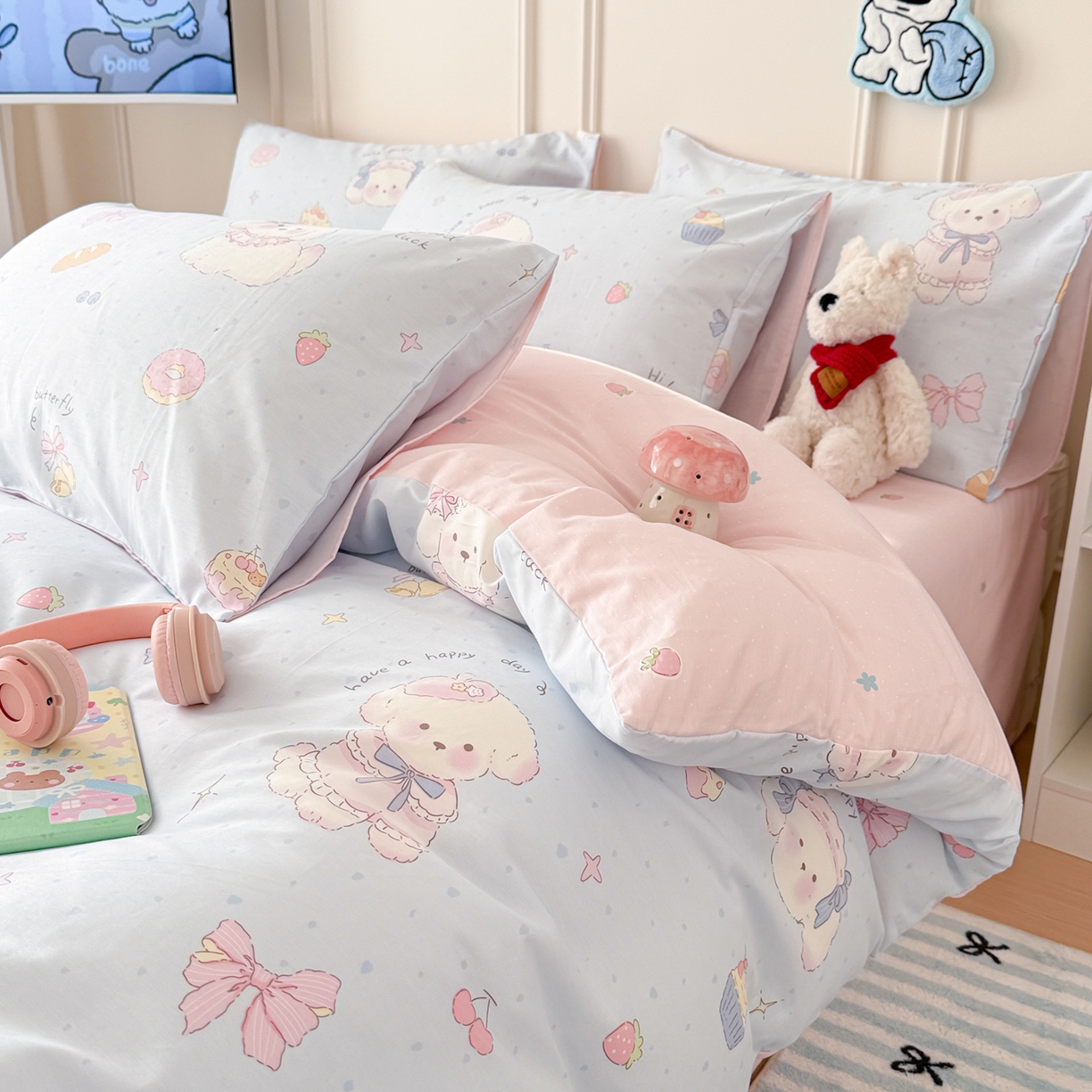 简宜家居（朝初家纺） 2026新款全棉12868卡通印花四件套大耳朵兔兔系列 蓝粉汪集