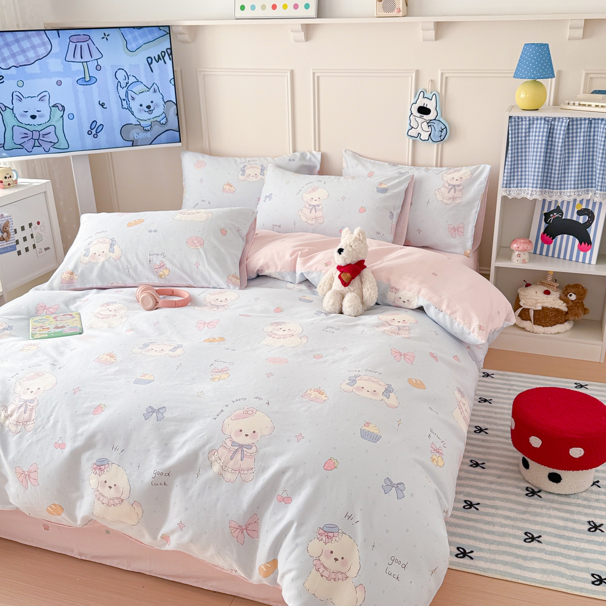 91家纺网 家纺一手货源 找家纺 简宜家居（朝初家纺） 2026新款全棉12868卡通印花四件套大耳朵兔兔系列 蓝粉汪集