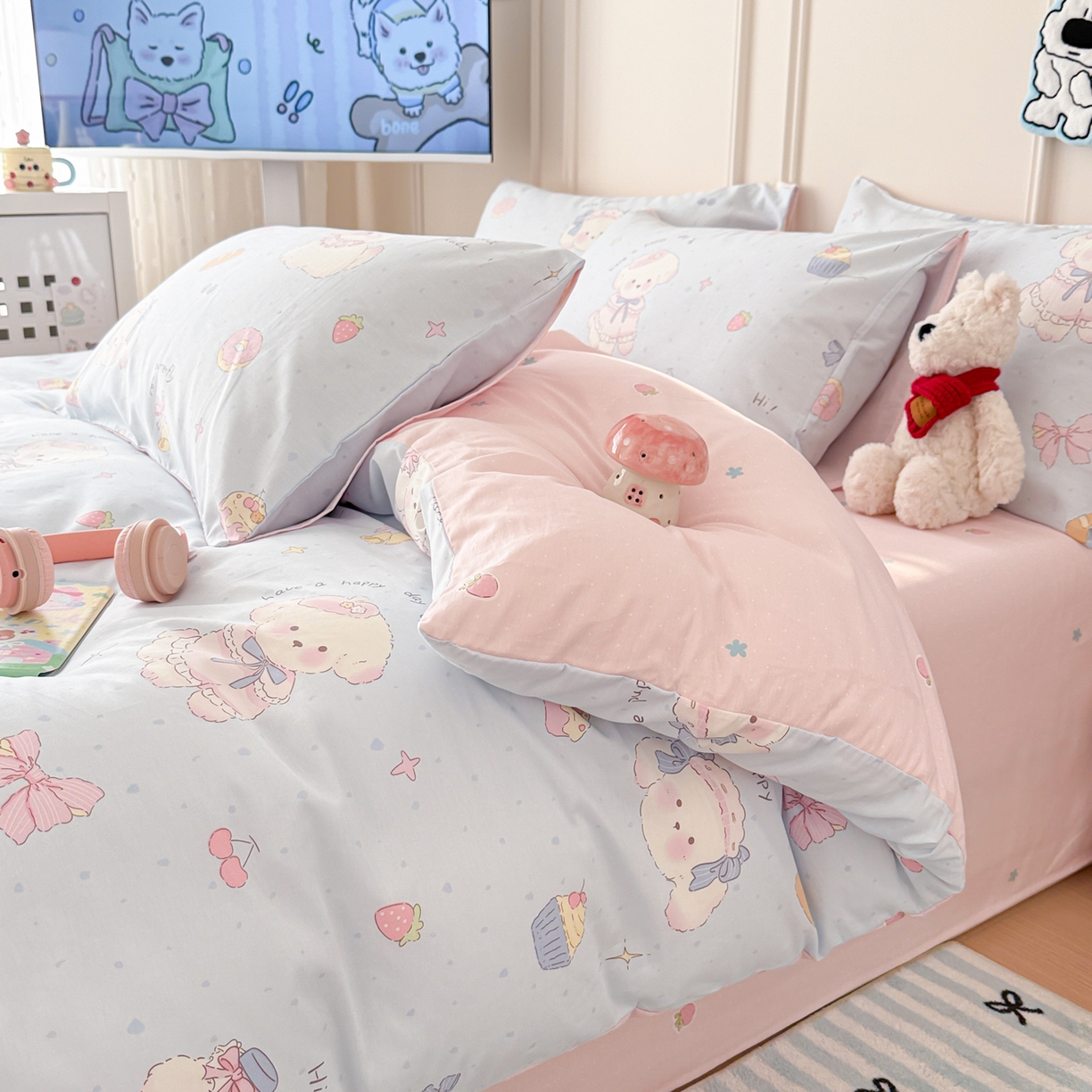 91家纺网 家纺一手货源 找家纺 简宜家居（朝初家纺） 2026新款全棉12868卡通印花四件套大耳朵兔兔系列 蓝粉汪集