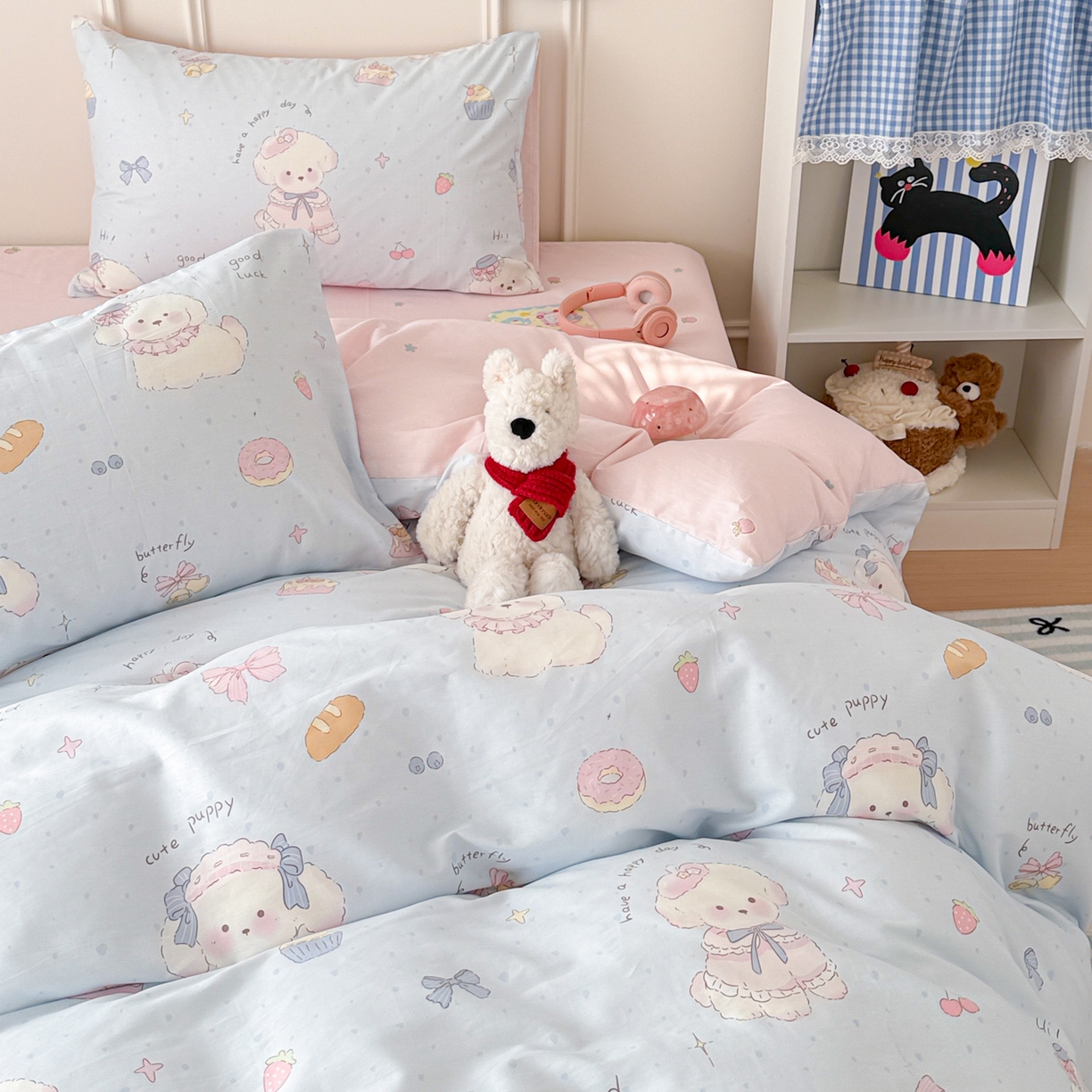 91家纺网 家纺一手货源 找家纺 简宜家居（朝初家纺） 2026新款全棉12868卡通印花四件套大耳朵兔兔系列 蓝粉汪集