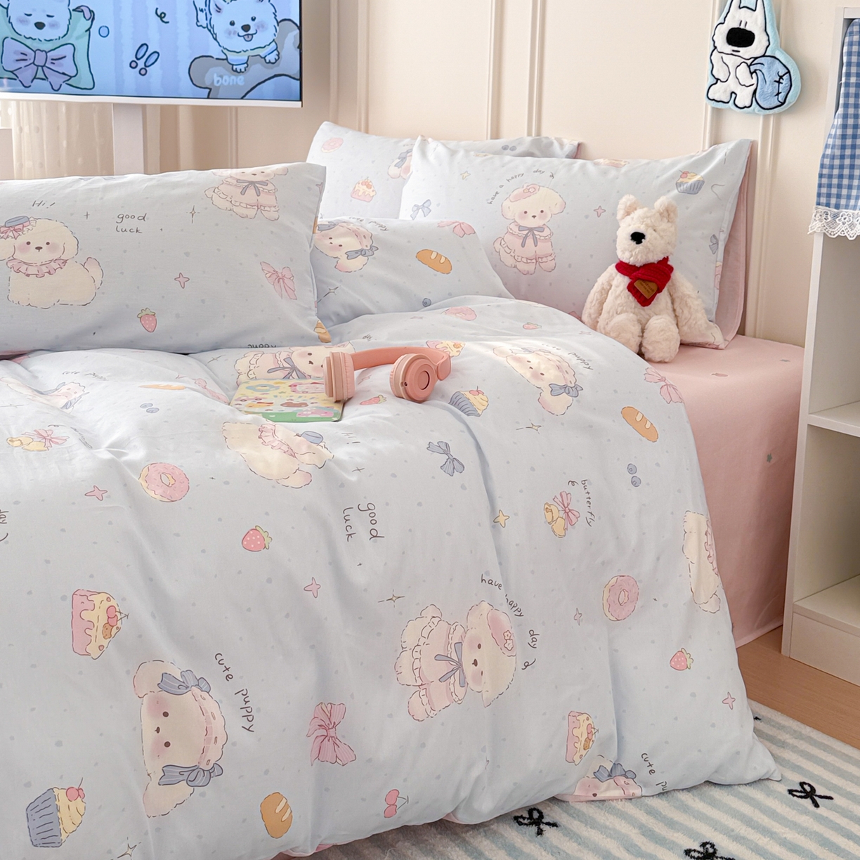 91家纺网 家纺一手货源 找家纺 简宜家居（朝初家纺） 2026新款全棉12868卡通印花四件套大耳朵兔兔系列 蓝粉汪集