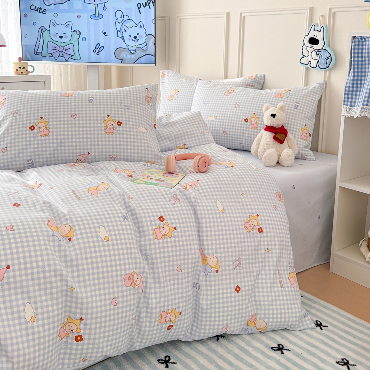 91家纺网 家纺一手货源 找家纺 简宜家居（朝初家纺） 2026新款全棉12868卡通印花四件套大耳朵兔兔系列 蓝格甜崽