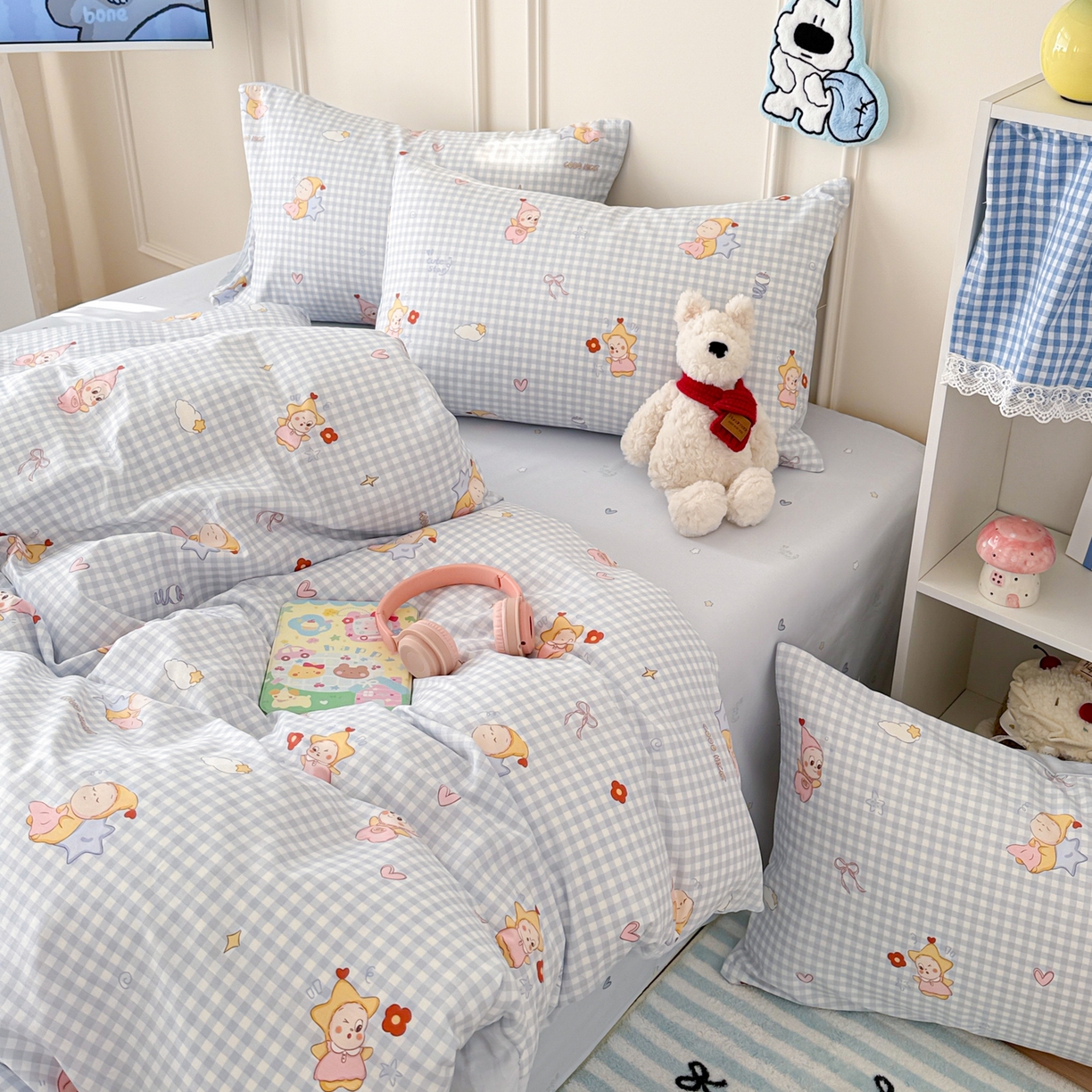 91家纺网 家纺一手货源 找家纺 简宜家居（朝初家纺） 2026新款全棉12868卡通印花四件套大耳朵兔兔系列 蓝格甜崽