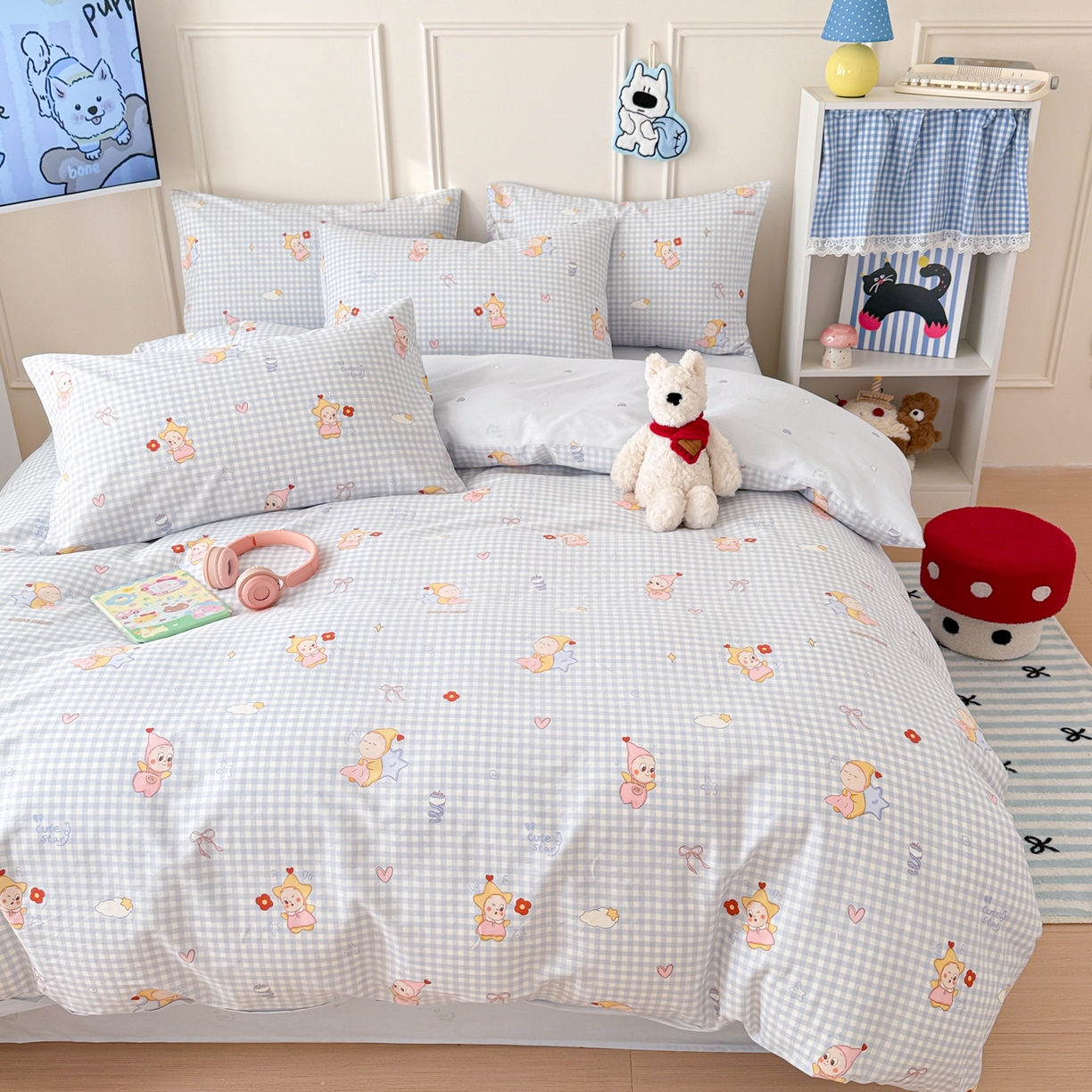 91家纺网 家纺一手货源 找家纺 简宜家居（朝初家纺） 2026新款全棉12868卡通印花四件套大耳朵兔兔系列 蓝格甜崽