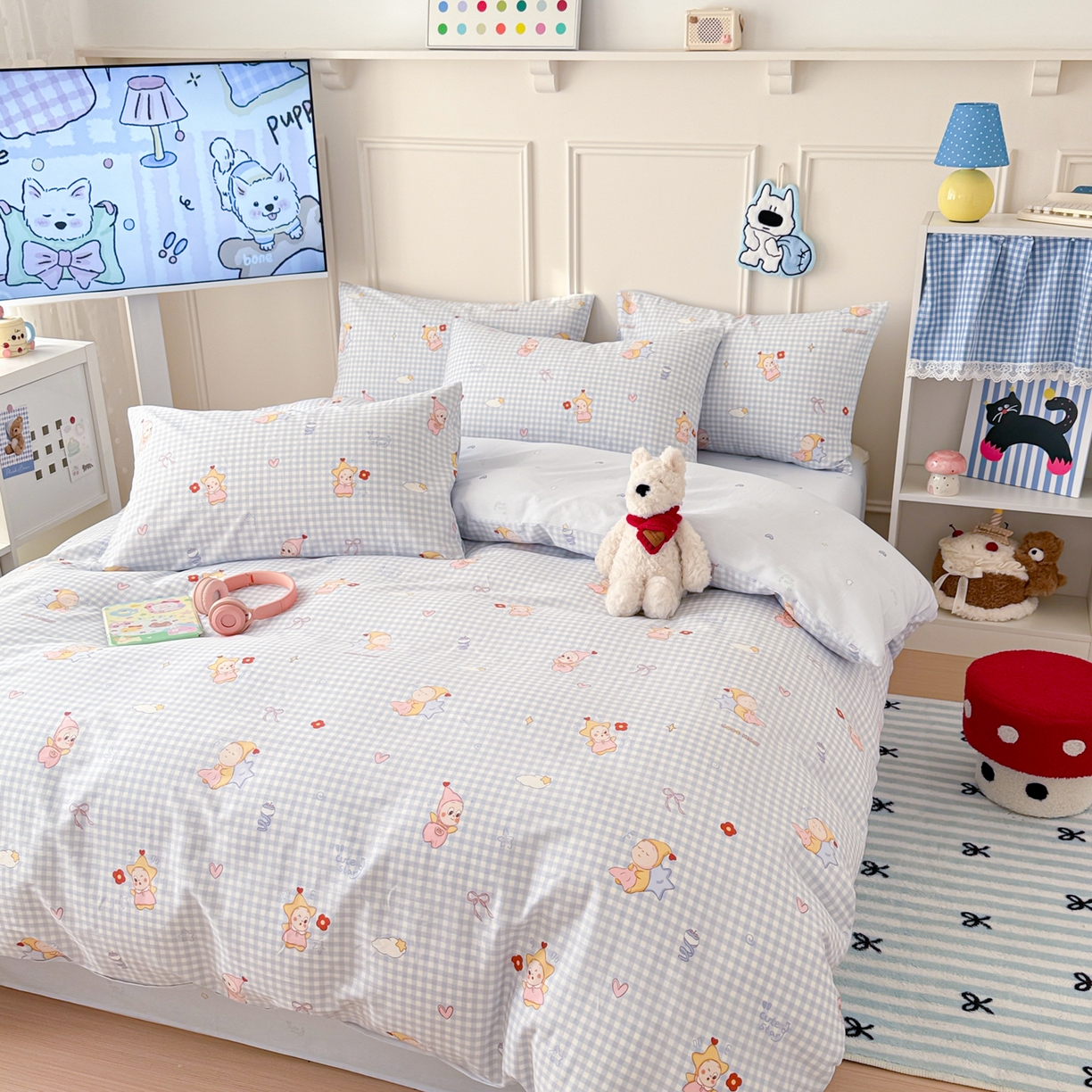 91家纺网 家纺一手货源 找家纺 简宜家居（朝初家纺） 2026新款全棉12868卡通印花四件套大耳朵兔兔系列 蓝格甜崽