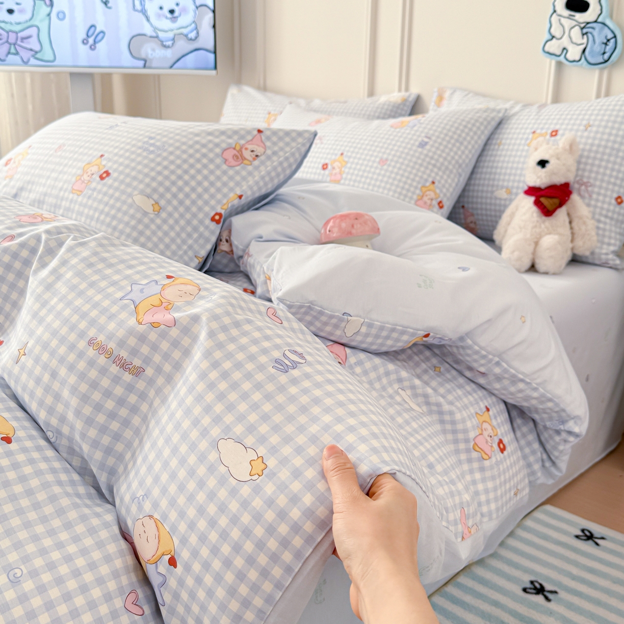 91家纺网 家纺一手货源 找家纺 简宜家居（朝初家纺） 2026新款全棉12868卡通印花四件套大耳朵兔兔系列 蓝格甜崽