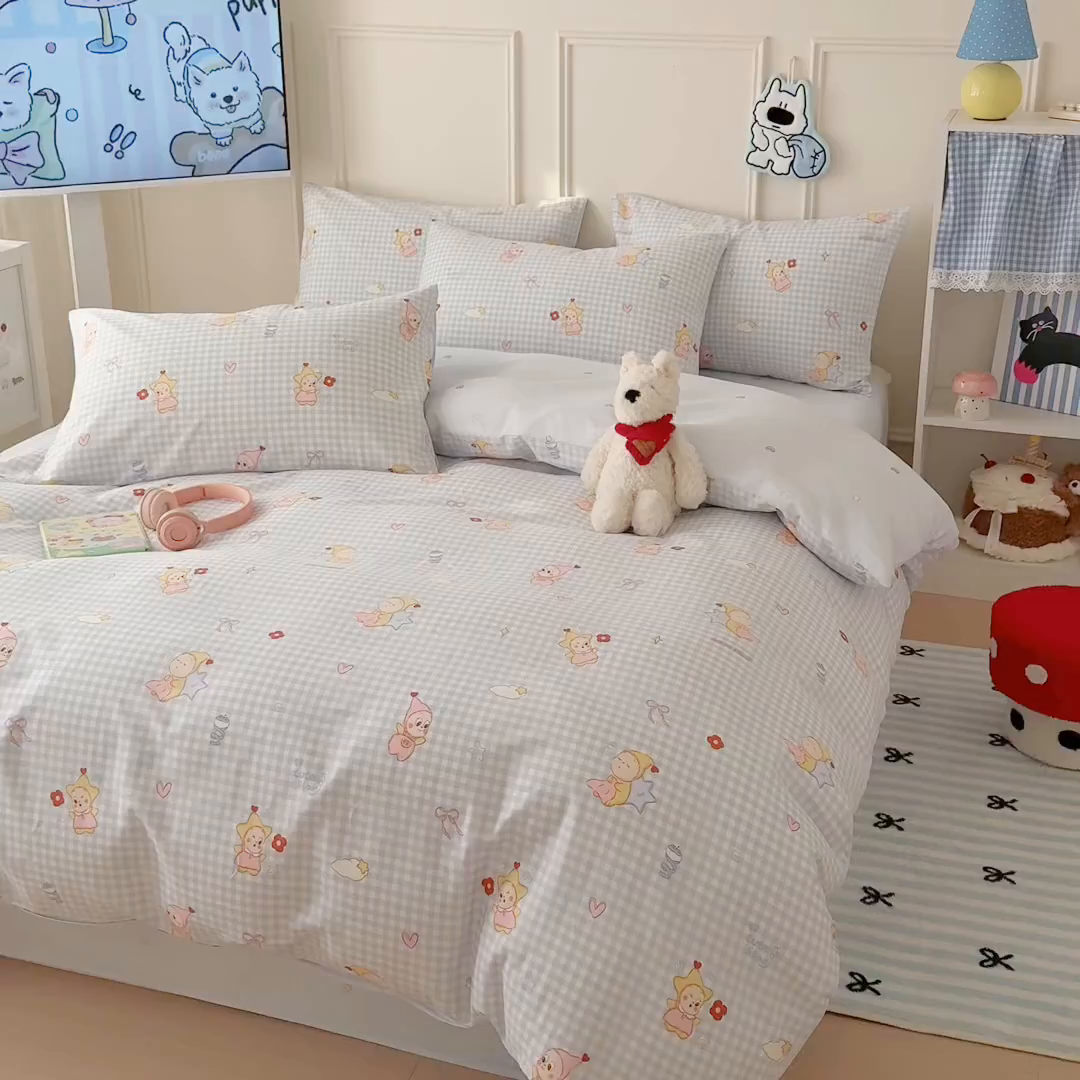 91家纺网 家纺一手货源 找家纺 简宜家居（朝初家纺） 2026新款全棉12868卡通印花四件套大耳朵兔兔系列 蓝格甜崽