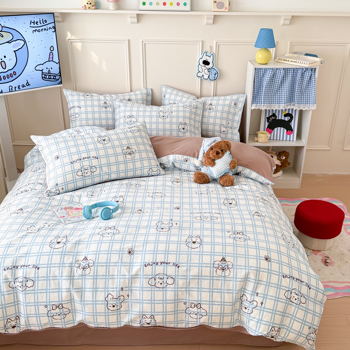 91家纺网 家纺一手货源 找家纺 简宜家居（朝初家纺） 2026新款全棉12868卡通印花四件套大耳朵兔兔系列 蓝格汪星