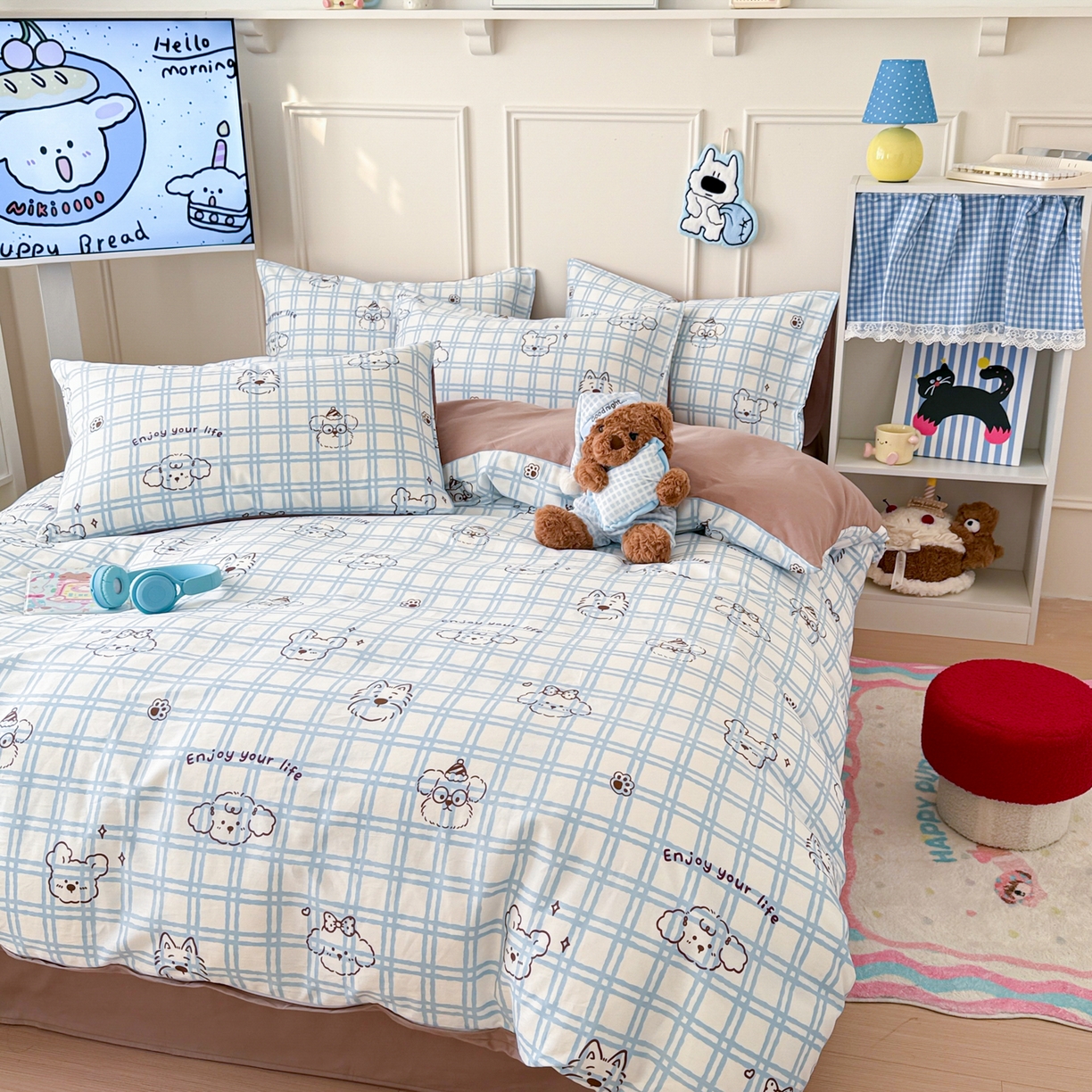 91家纺网 家纺一手货源 找家纺 简宜家居（朝初家纺） 2026新款全棉12868卡通印花四件套大耳朵兔兔系列 蓝格汪星
