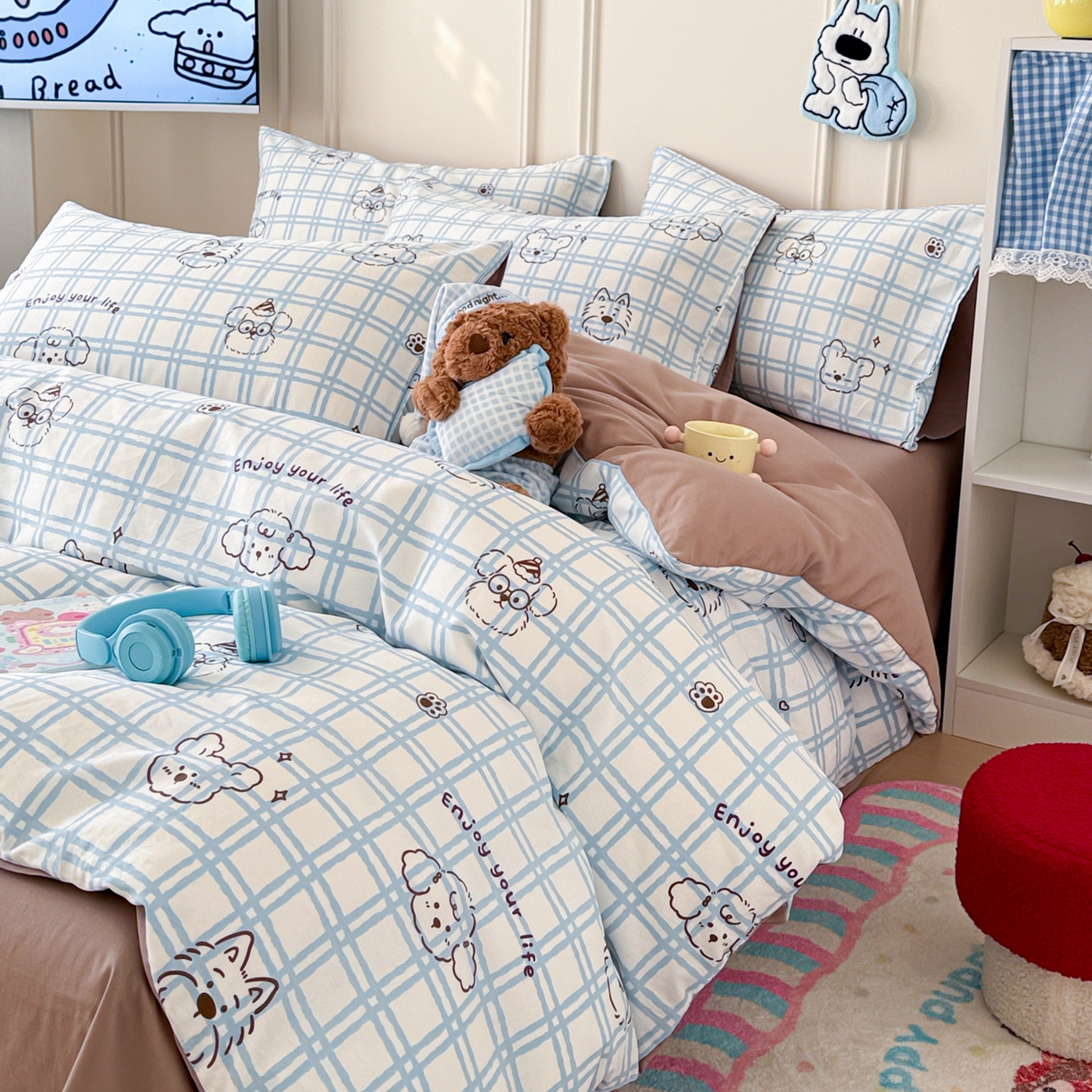 91家纺网 家纺一手货源 找家纺 简宜家居（朝初家纺） 2026新款全棉12868卡通印花四件套大耳朵兔兔系列 蓝格汪星