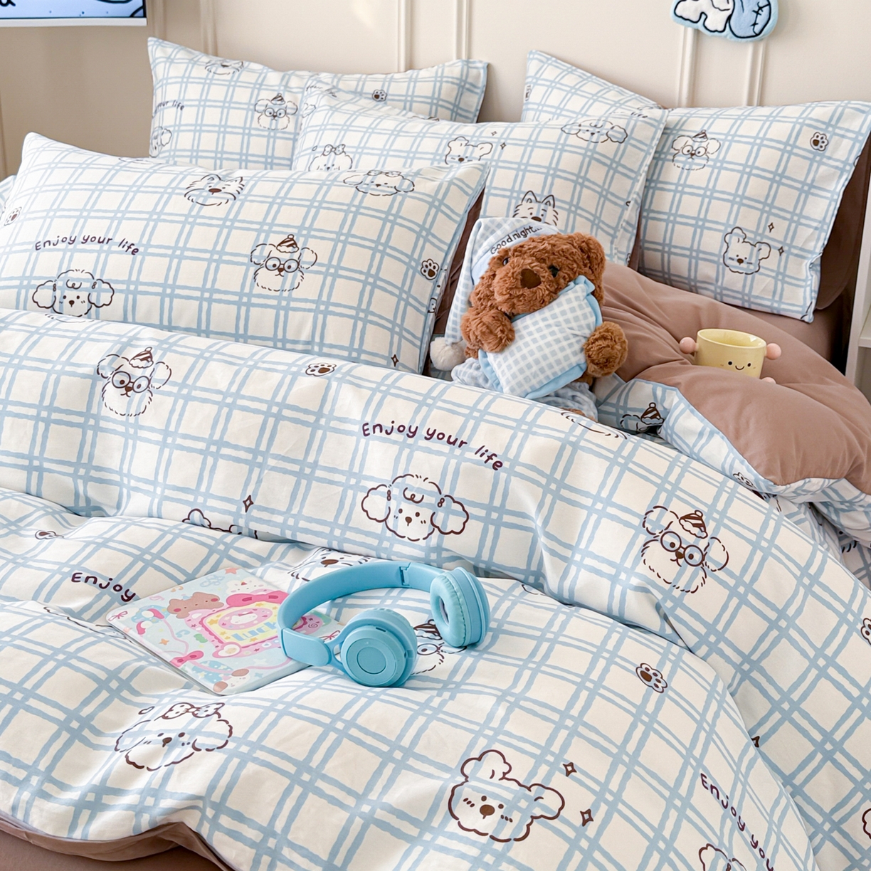 91家纺网 家纺一手货源 找家纺 简宜家居（朝初家纺） 2026新款全棉12868卡通印花四件套大耳朵兔兔系列 蓝格汪星