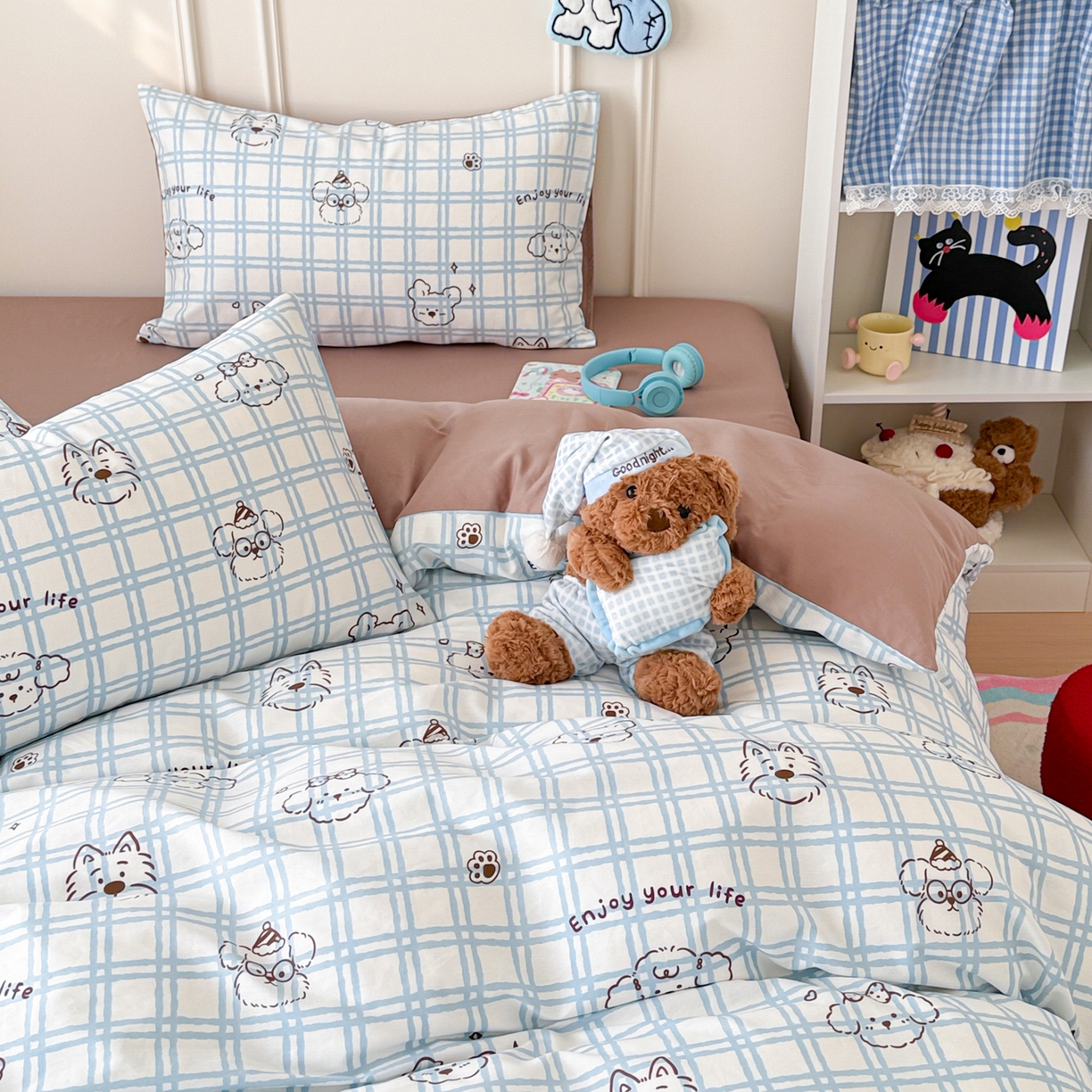 91家纺网 家纺一手货源 找家纺 简宜家居（朝初家纺） 2026新款全棉12868卡通印花四件套大耳朵兔兔系列 蓝格汪星