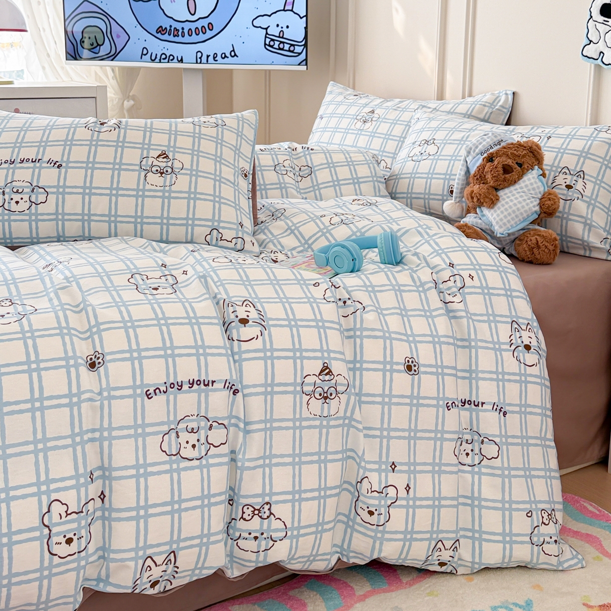 91家纺网 家纺一手货源 找家纺 简宜家居（朝初家纺） 2026新款全棉12868卡通印花四件套大耳朵兔兔系列 蓝格汪星