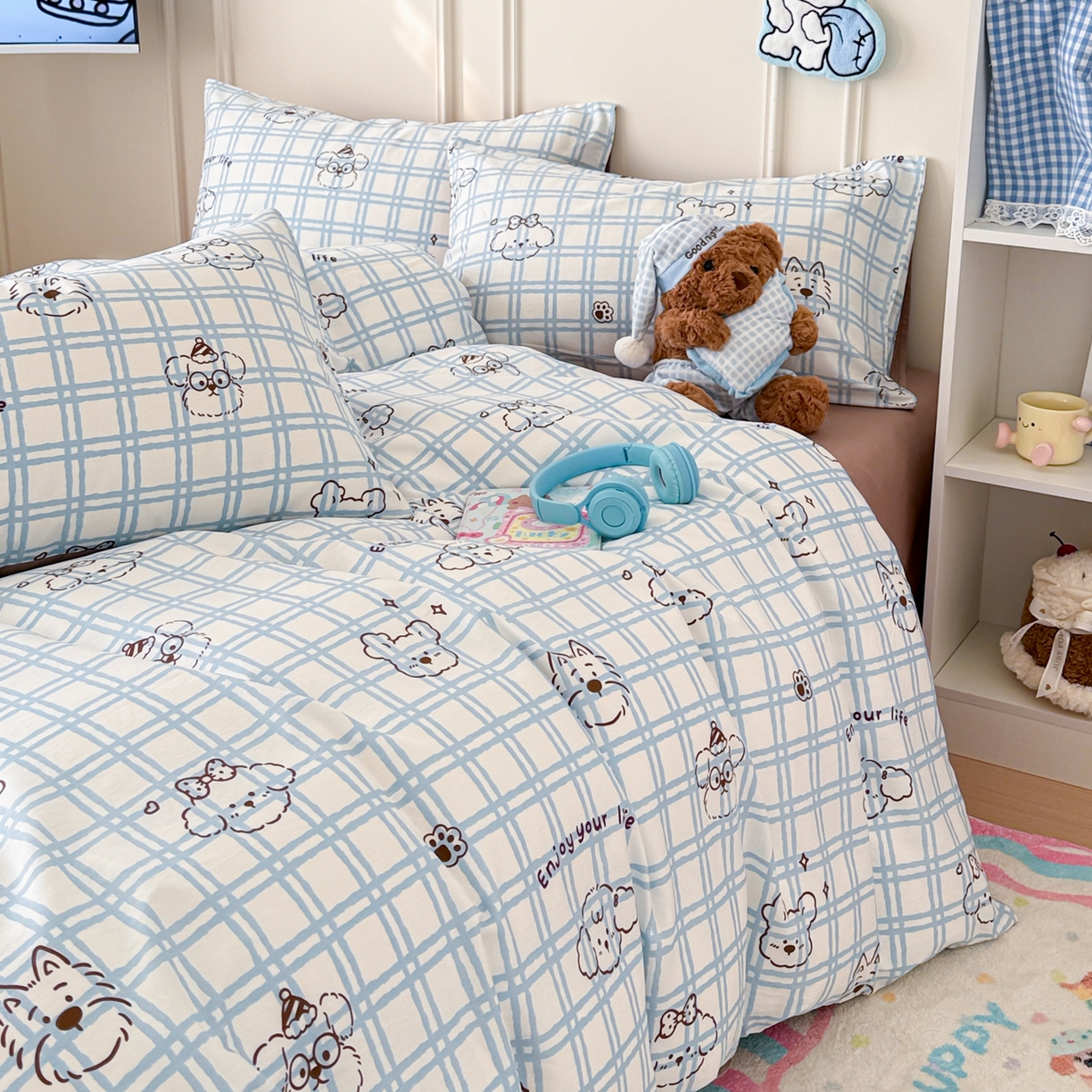 91家纺网 家纺一手货源 找家纺 简宜家居（朝初家纺） 2026新款全棉12868卡通印花四件套大耳朵兔兔系列 蓝格汪星