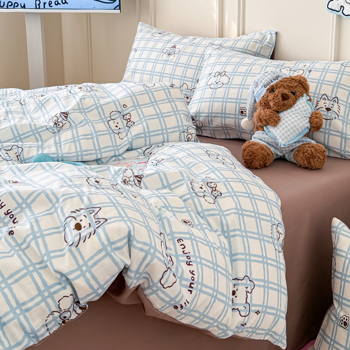 91家纺网 家纺一手货源 找家纺 简宜家居（朝初家纺） 2026新款全棉12868卡通印花四件套大耳朵兔兔系列 蓝格汪星