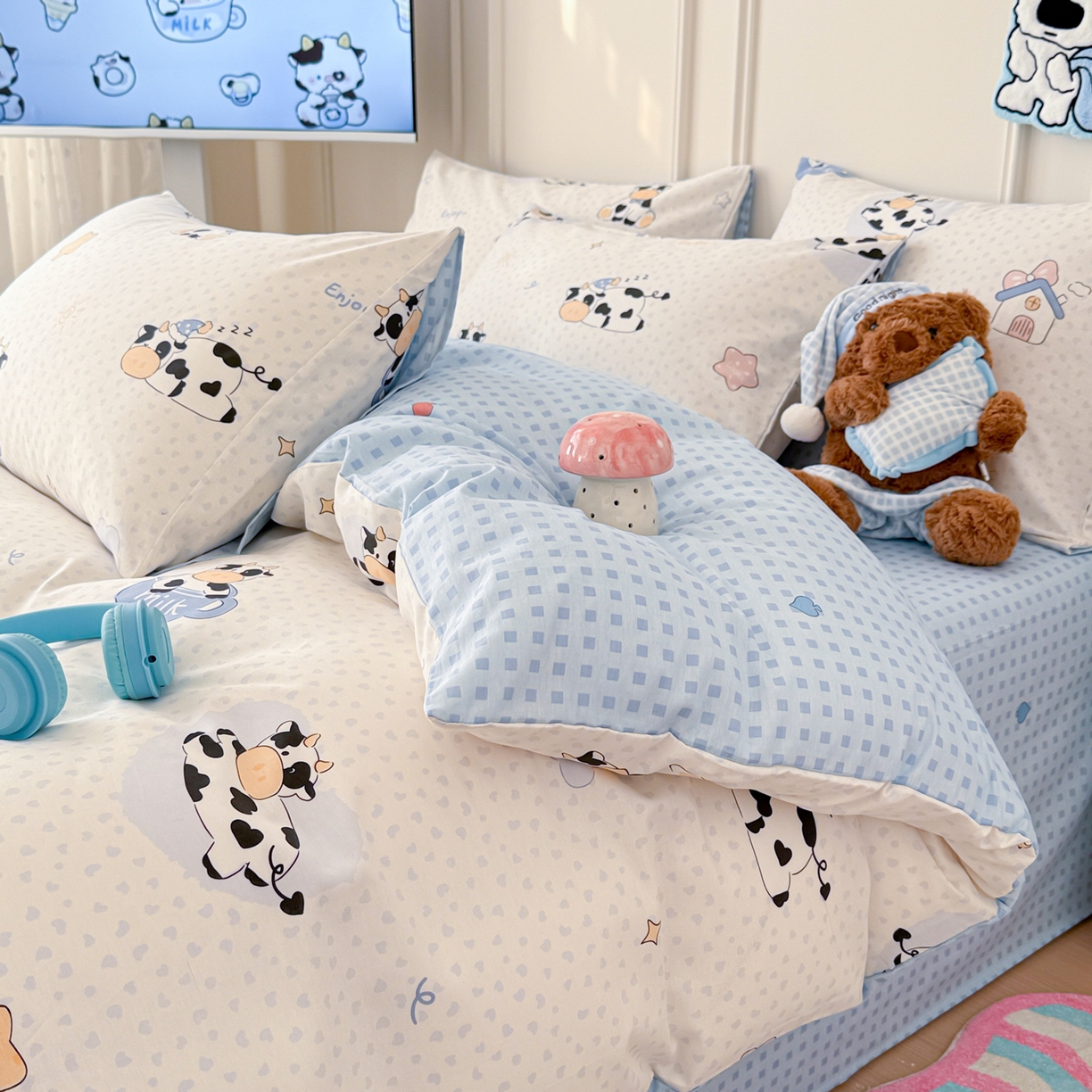 91家纺网 家纺一手货源 找家纺 简宜家居（朝初家纺） 2026新款全棉12868卡通印花四件套大耳朵兔兔系列 奶芙呼呼