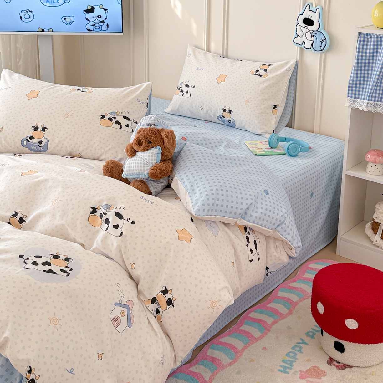 91家纺网 家纺一手货源 找家纺 简宜家居（朝初家纺） 2026新款全棉12868卡通印花四件套大耳朵兔兔系列 奶芙呼呼