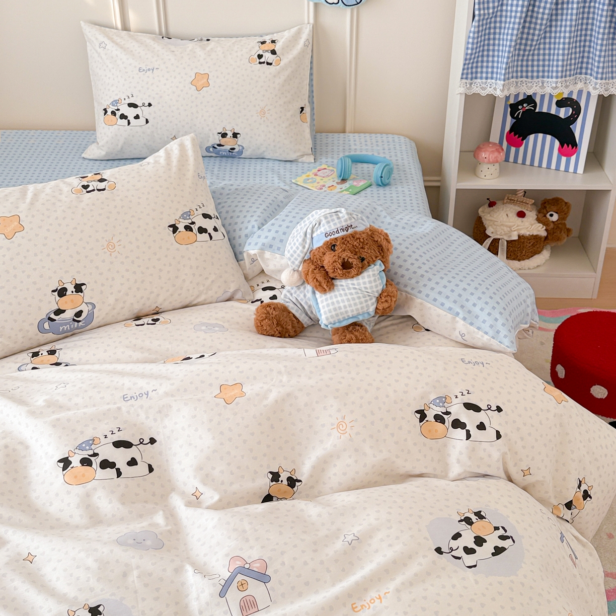 91家纺网 家纺一手货源 找家纺 简宜家居（朝初家纺） 2026新款全棉12868卡通印花四件套大耳朵兔兔系列 奶芙呼呼