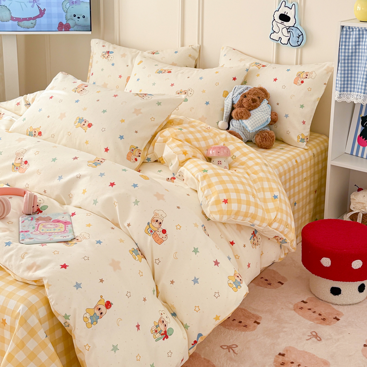 91家纺网 家纺一手货源 找家纺 简宜家居（朝初家纺） 2026新款全棉12868卡通印花四件套大耳朵兔兔系列 七彩星星
