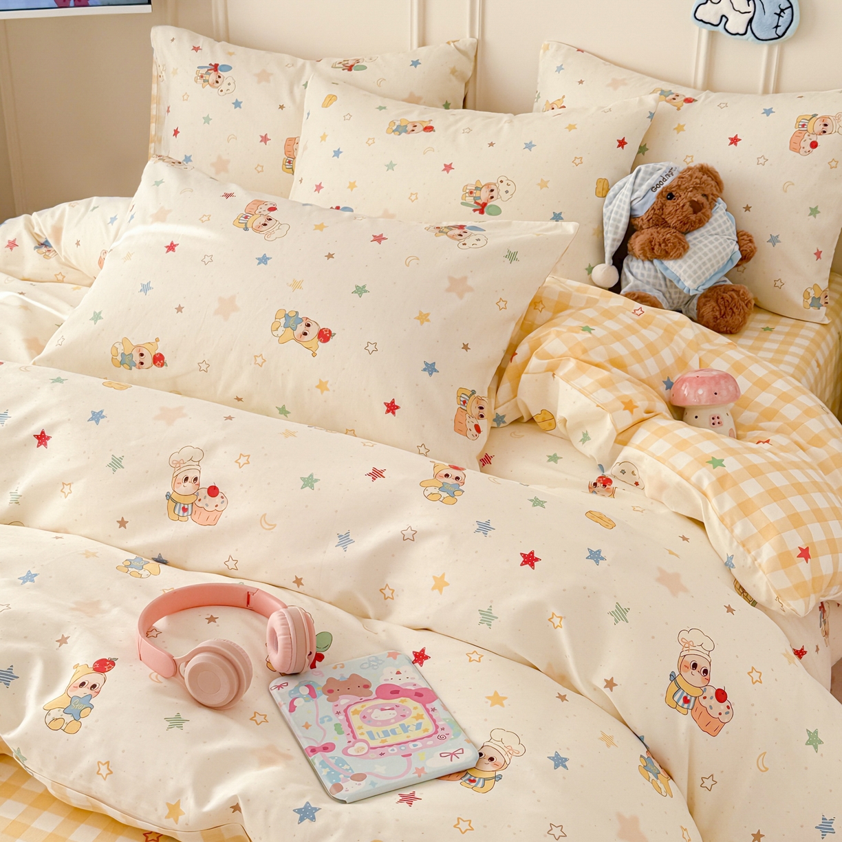 91家纺网 家纺一手货源 找家纺 简宜家居（朝初家纺） 2026新款全棉12868卡通印花四件套大耳朵兔兔系列 七彩星星