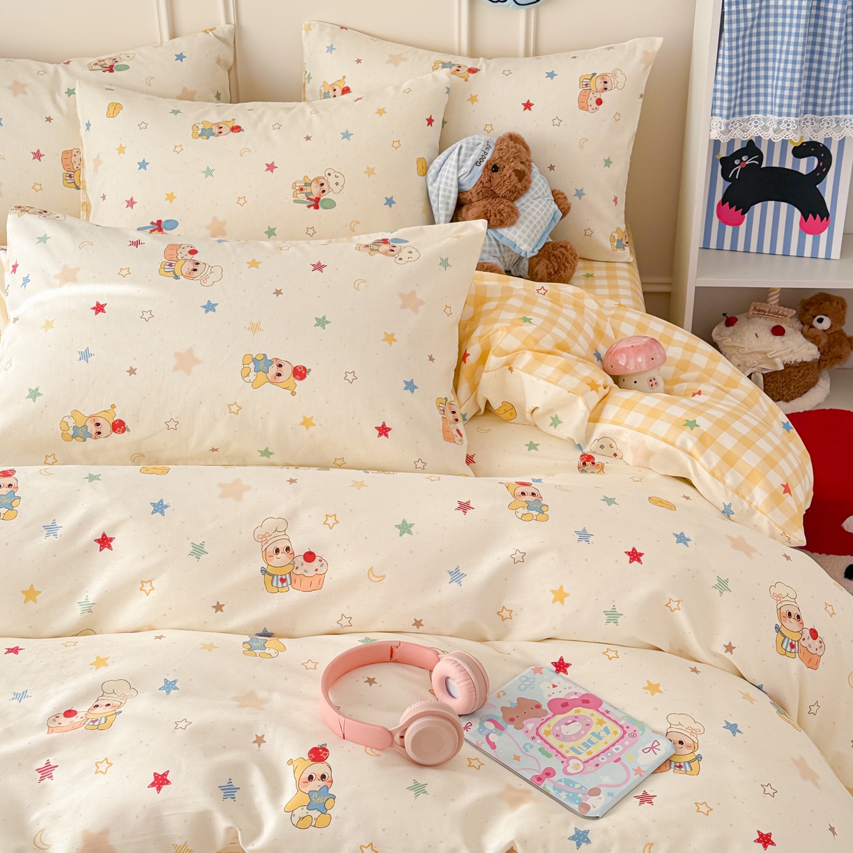 91家纺网 家纺一手货源 找家纺 简宜家居（朝初家纺） 2026新款全棉12868卡通印花四件套大耳朵兔兔系列 七彩星星