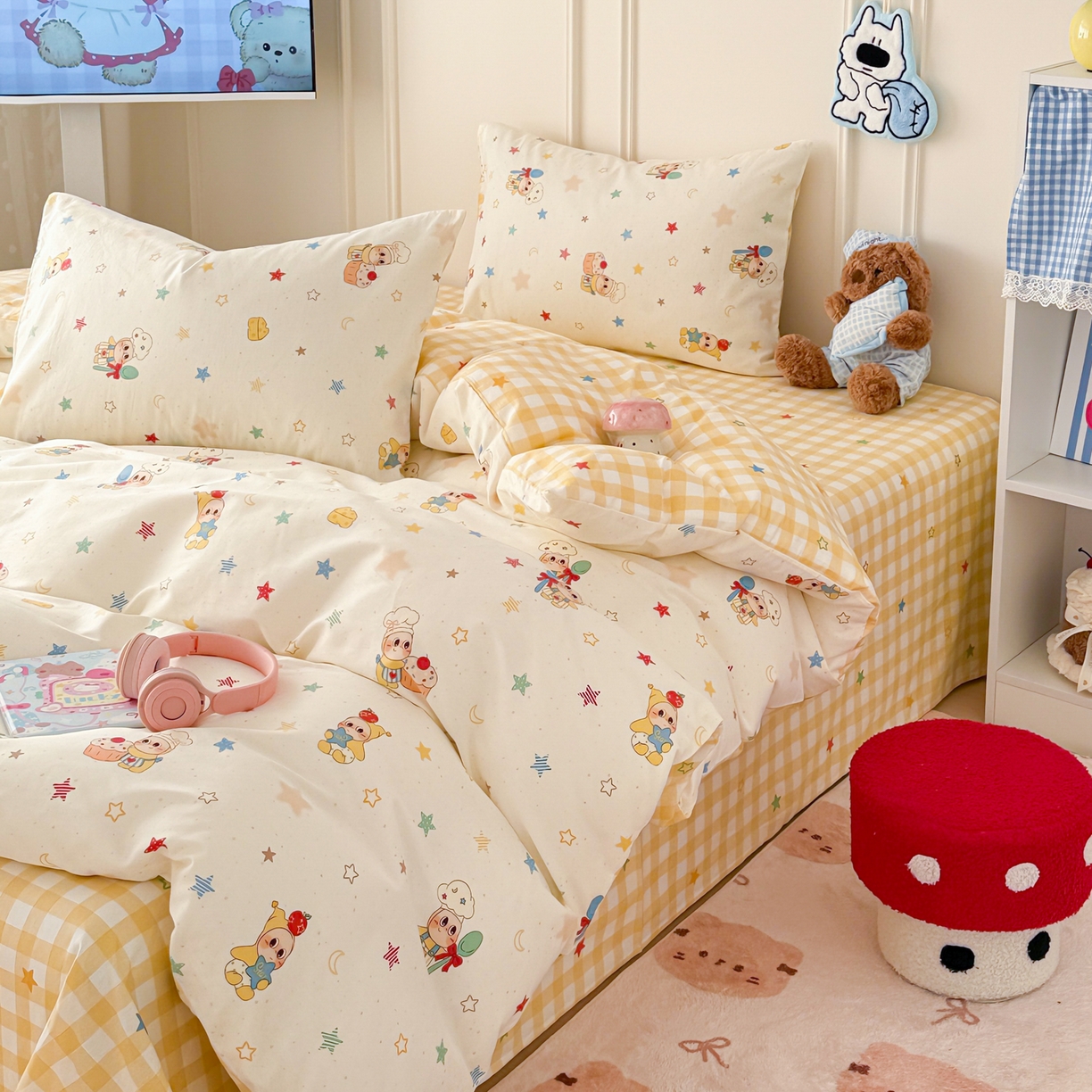 91家纺网 家纺一手货源 找家纺 简宜家居（朝初家纺） 2026新款全棉12868卡通印花四件套大耳朵兔兔系列 七彩星星