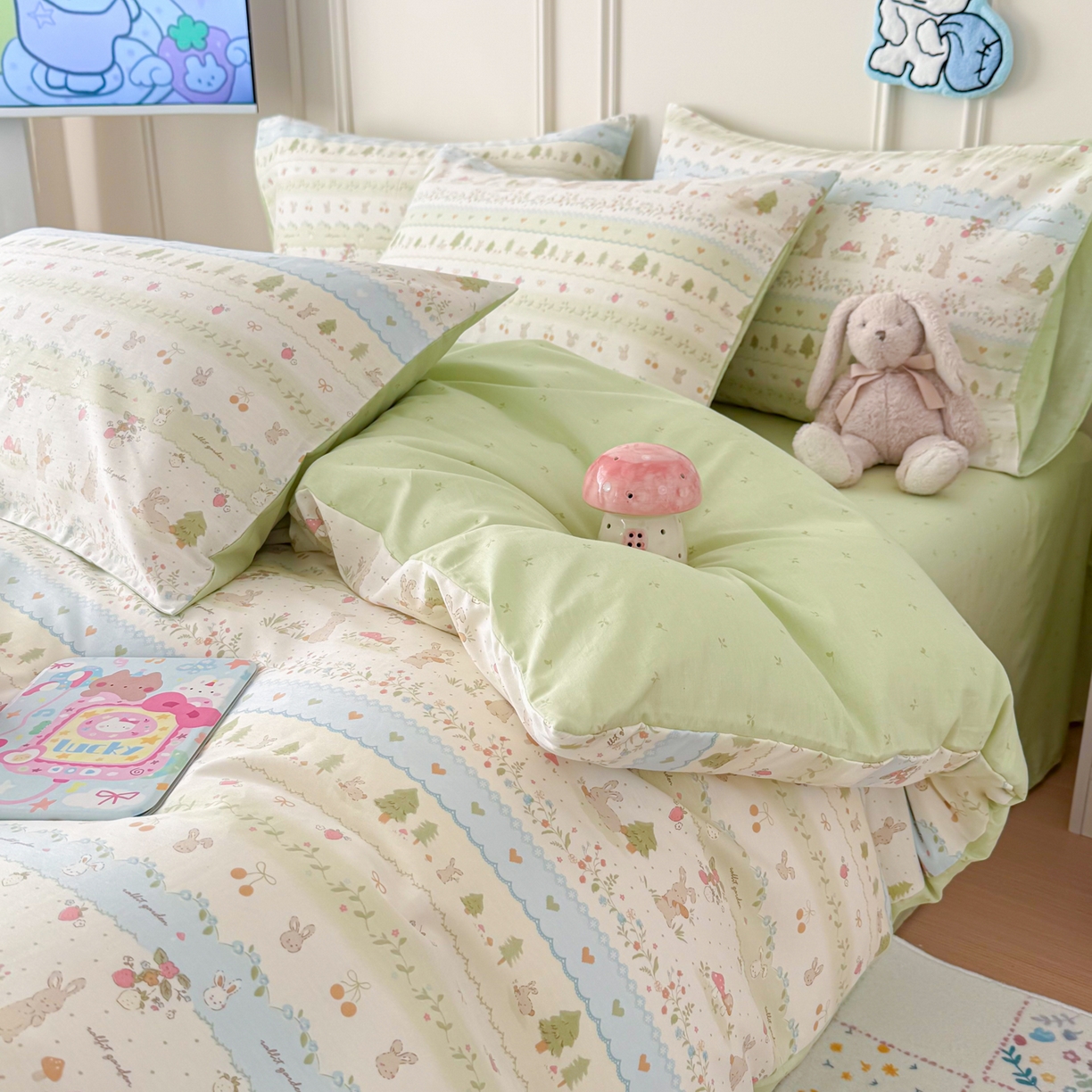 简宜家居（朝初家纺） 2026新款全棉12868卡通印花四件套大耳朵兔兔系列 青柠蓝花