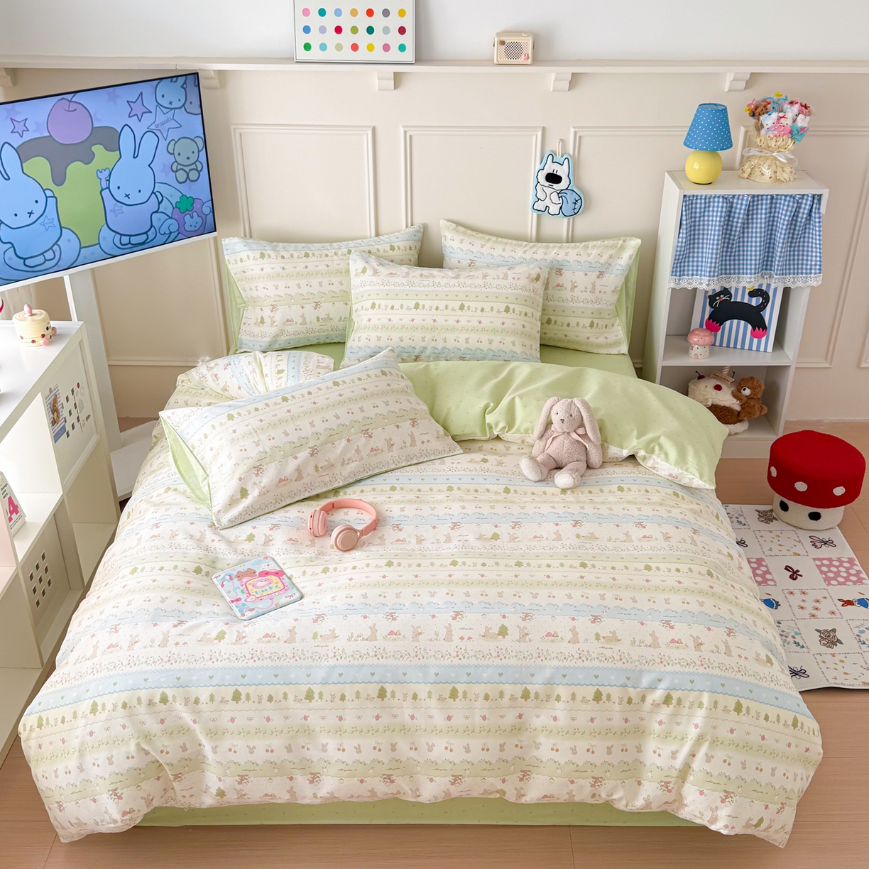 91家纺网 家纺一手货源 找家纺 简宜家居（朝初家纺） 2026新款全棉12868卡通印花四件套大耳朵兔兔系列 青柠蓝花