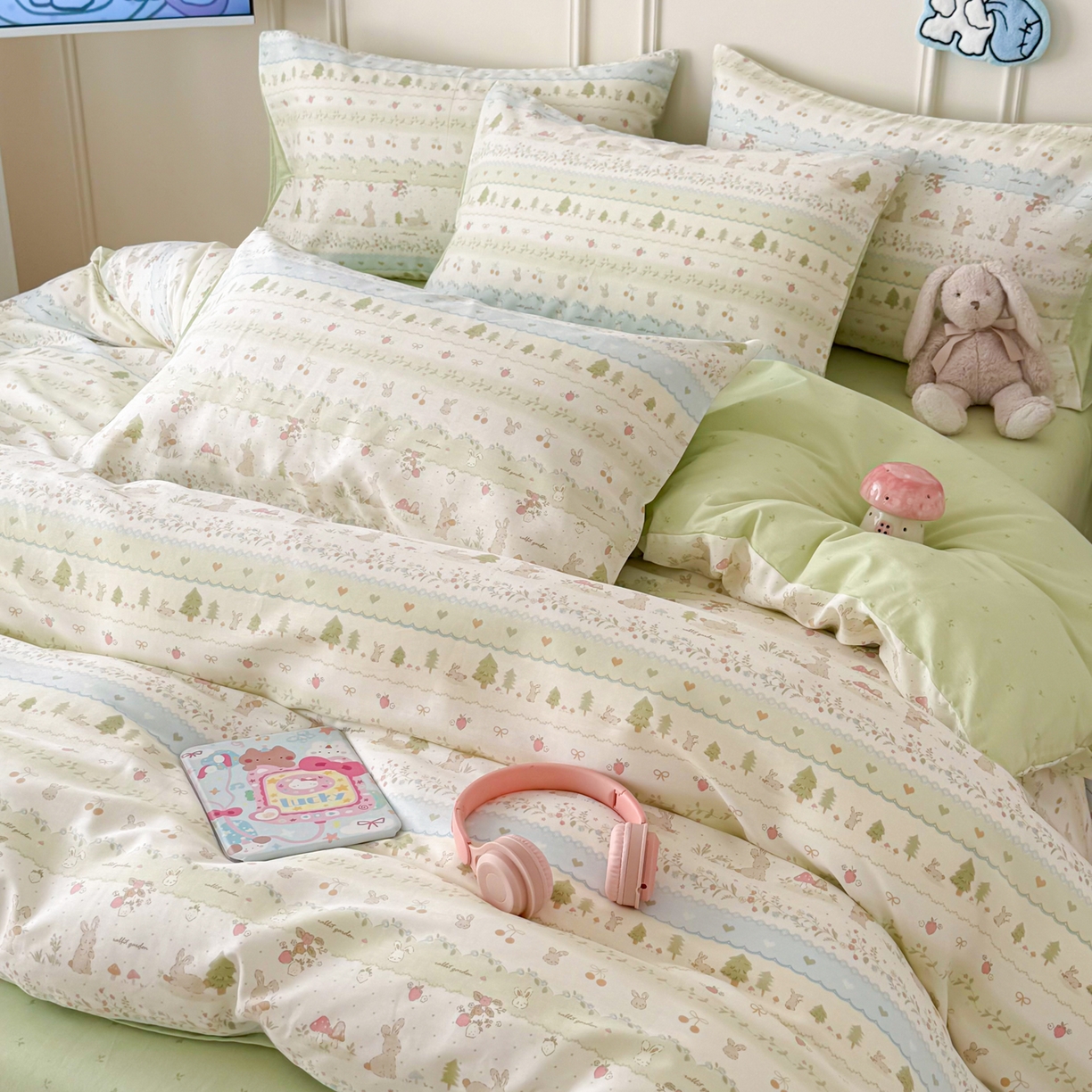 91家纺网 家纺一手货源 找家纺 简宜家居（朝初家纺） 2026新款全棉12868卡通印花四件套大耳朵兔兔系列 青柠蓝花