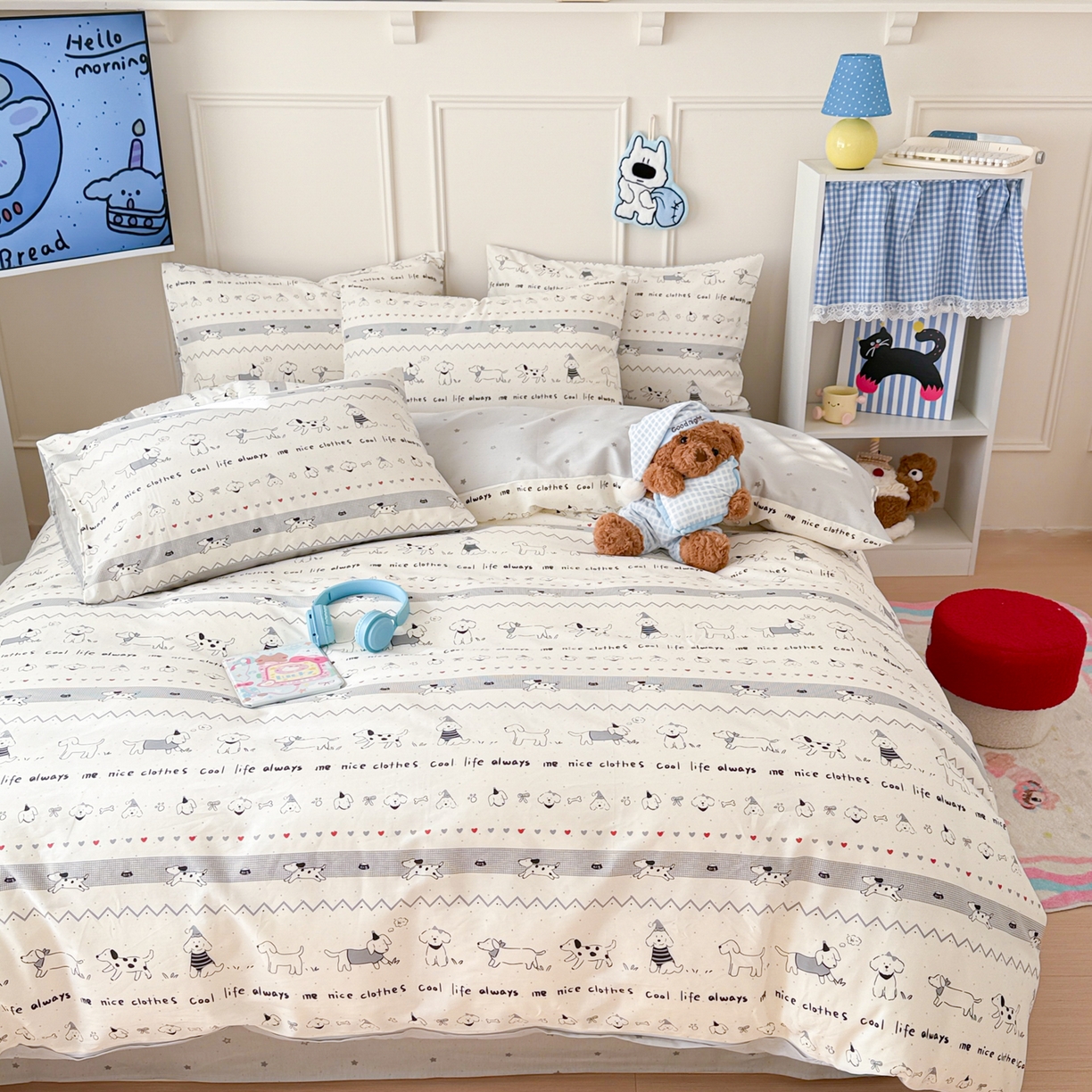 91家纺网 家纺一手货源 找家纺 简宜家居（朝初家纺） 2026新款全棉12868卡通印花四件套大耳朵兔兔系列 手绘汪星人