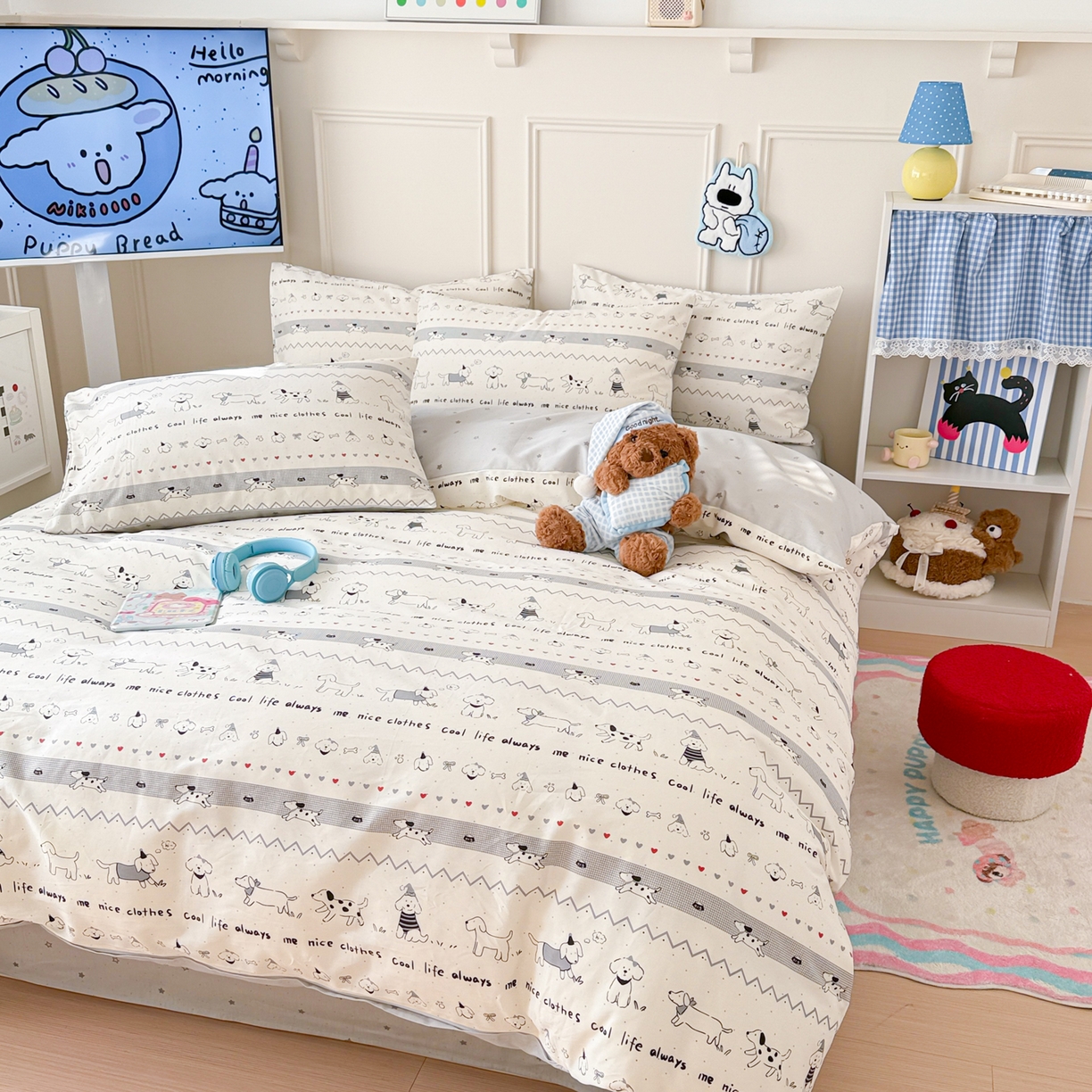 91家纺网 家纺一手货源 找家纺 简宜家居（朝初家纺） 2026新款全棉12868卡通印花四件套大耳朵兔兔系列 手绘汪星人