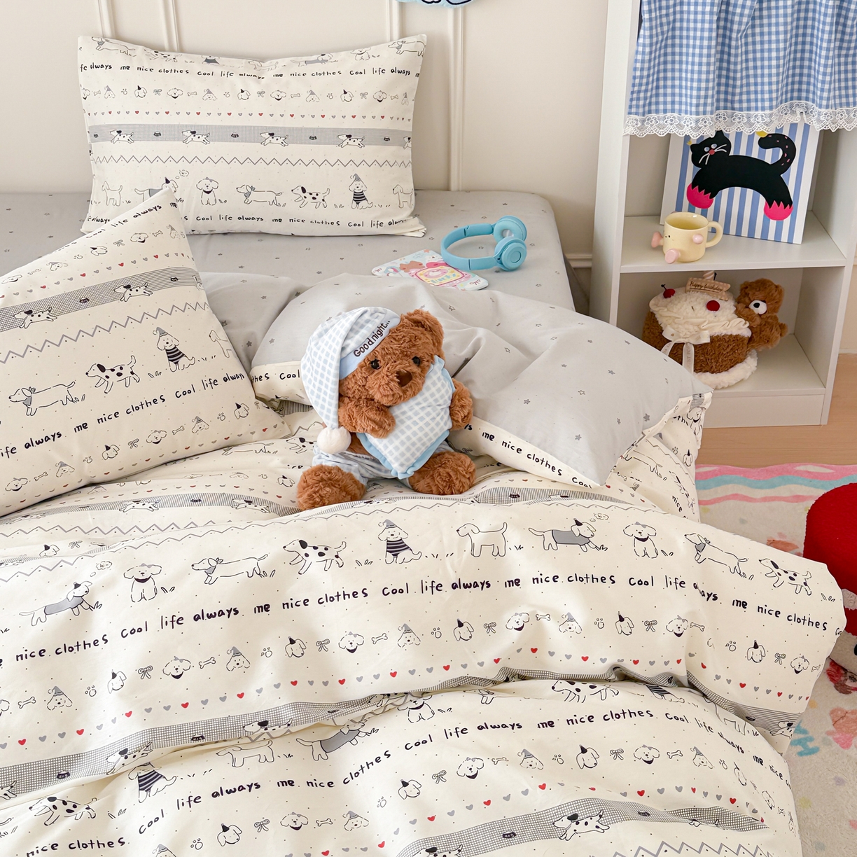 91家纺网 家纺一手货源 找家纺 简宜家居（朝初家纺） 2026新款全棉12868卡通印花四件套大耳朵兔兔系列 手绘汪星人