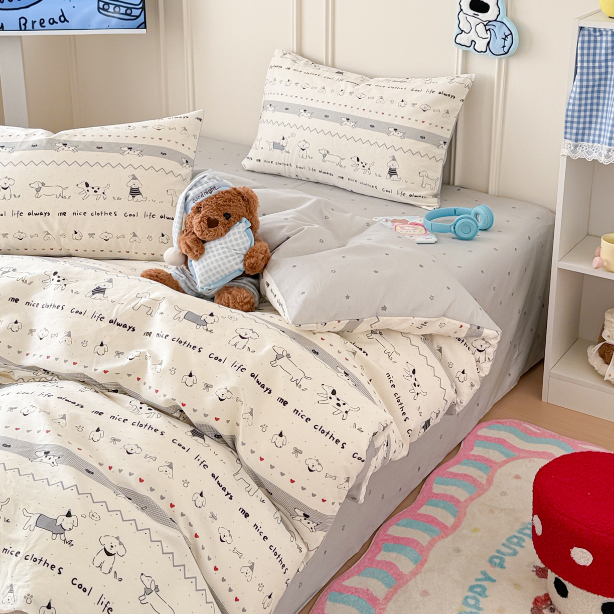 91家纺网 家纺一手货源 找家纺 简宜家居（朝初家纺） 2026新款全棉12868卡通印花四件套大耳朵兔兔系列 手绘汪星人