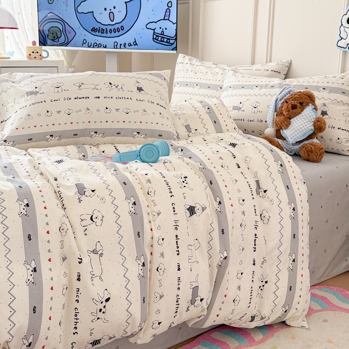 91家纺网 家纺一手货源 找家纺 简宜家居（朝初家纺） 2026新款全棉12868卡通印花四件套大耳朵兔兔系列 手绘汪星人