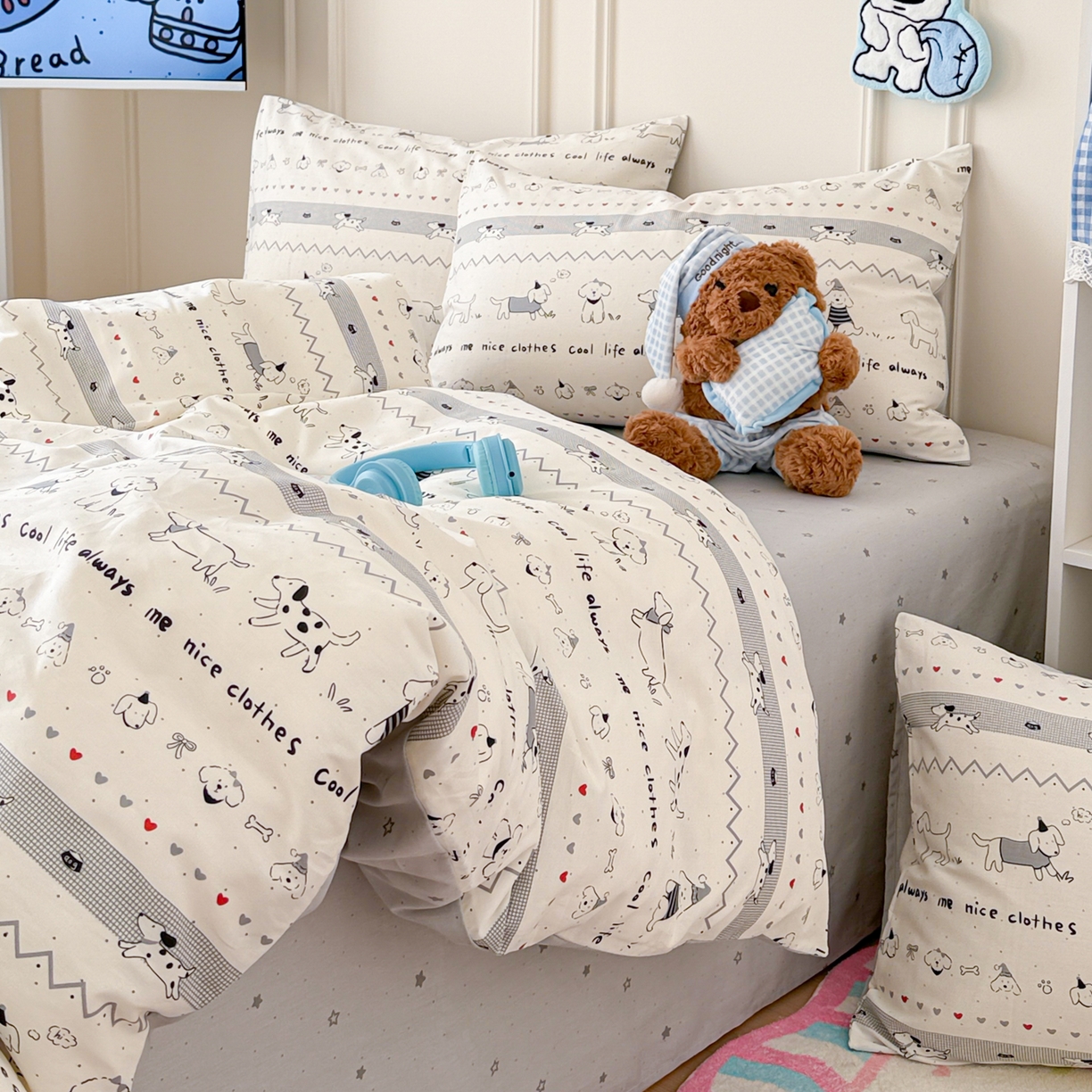 91家纺网 家纺一手货源 找家纺 简宜家居（朝初家纺） 2026新款全棉12868卡通印花四件套大耳朵兔兔系列 手绘汪星人