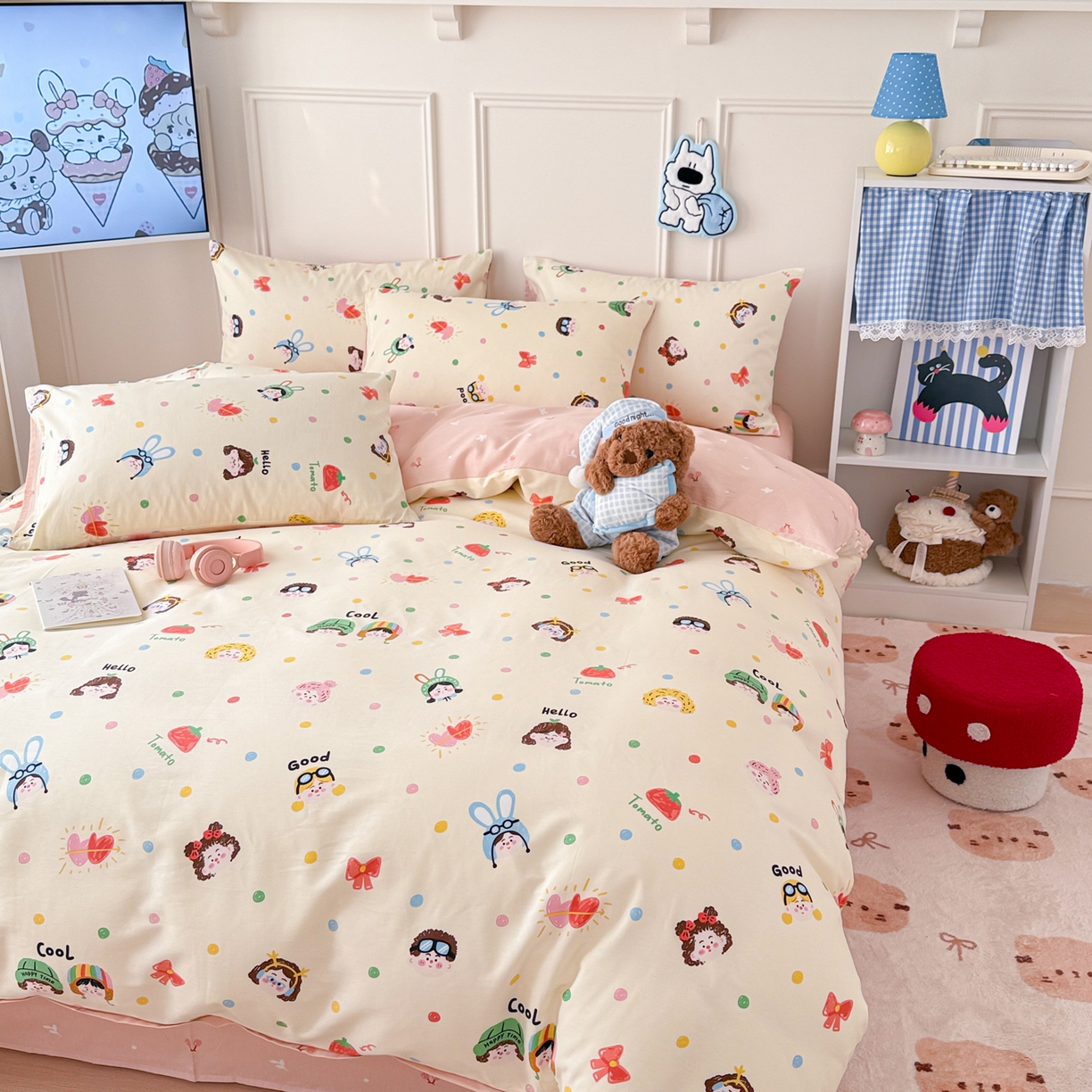 91家纺网 家纺一手货源 找家纺 简宜家居（朝初家纺） 2026新款全棉12868卡通印花四件套大耳朵兔兔系列 甜娃娃