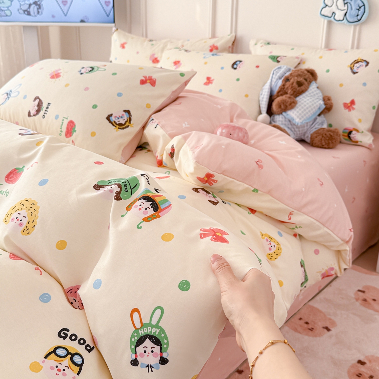 91家纺网 家纺一手货源 找家纺 简宜家居（朝初家纺） 2026新款全棉12868卡通印花四件套大耳朵兔兔系列 甜娃娃