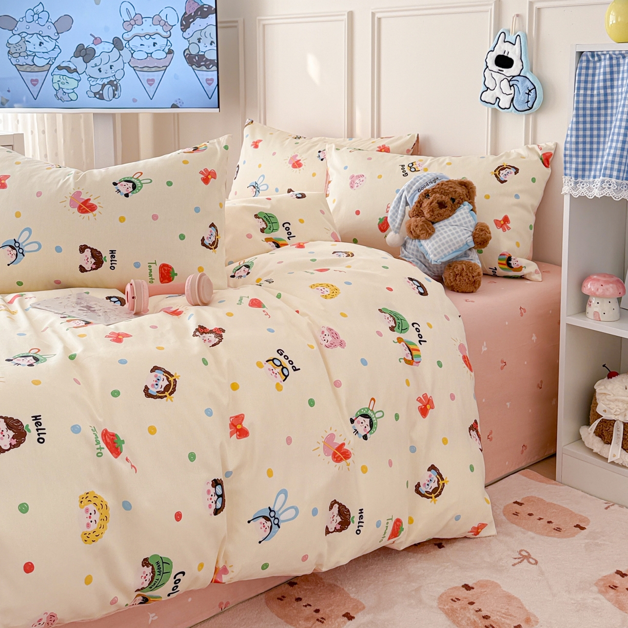 91家纺网 家纺一手货源 找家纺 简宜家居（朝初家纺） 2026新款全棉12868卡通印花四件套大耳朵兔兔系列 甜娃娃