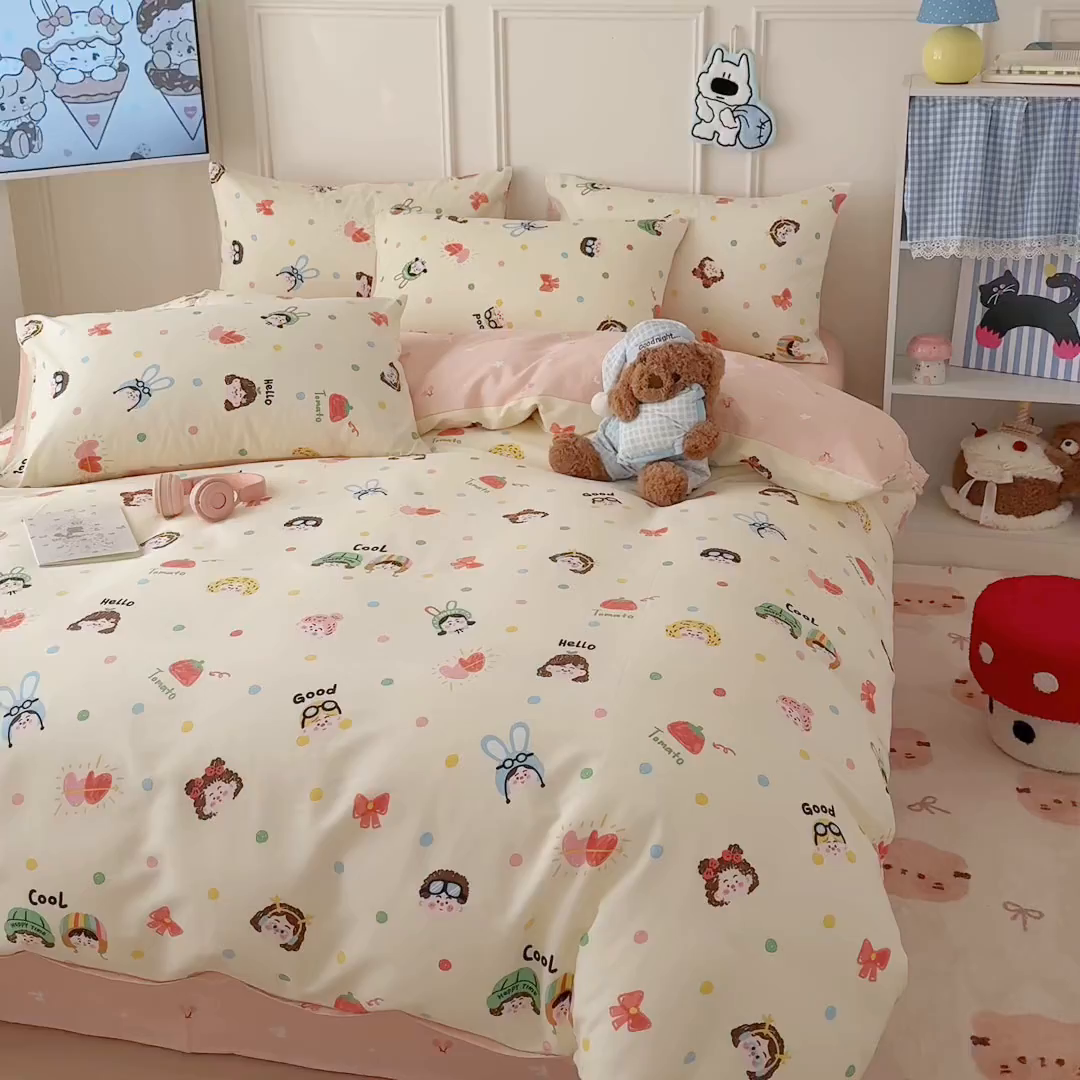 91家纺网 家纺一手货源 找家纺 简宜家居（朝初家纺） 2026新款全棉12868卡通印花四件套大耳朵兔兔系列 甜娃娃