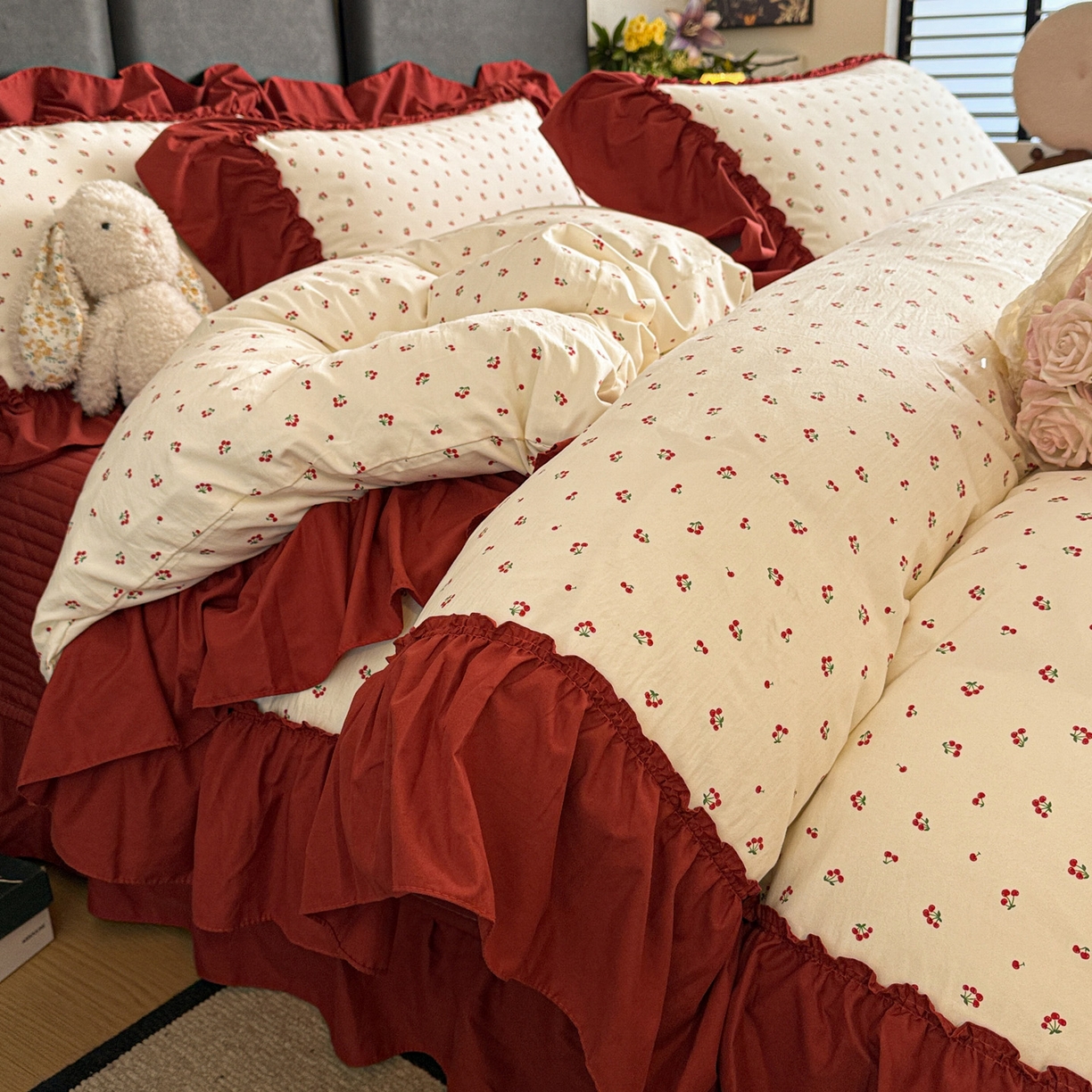 91家纺网 家纺一手货源 找家纺 （总）富米莱（原臻工厂） 2026新款韩系古法韩国水洗棉云棉大布袋法式浪漫大花边床盖夏凉被床盖四件套