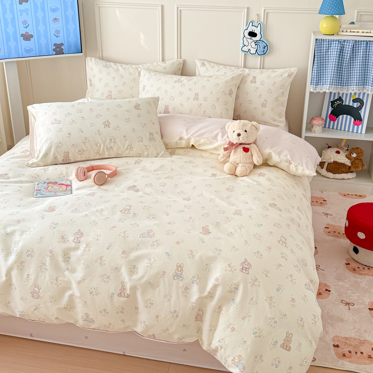 91家纺网 家纺一手货源 找家纺 简宜家居（朝初家纺） 2026新款全棉12868卡通印花四件套大耳朵兔兔系列 兔叽碎花