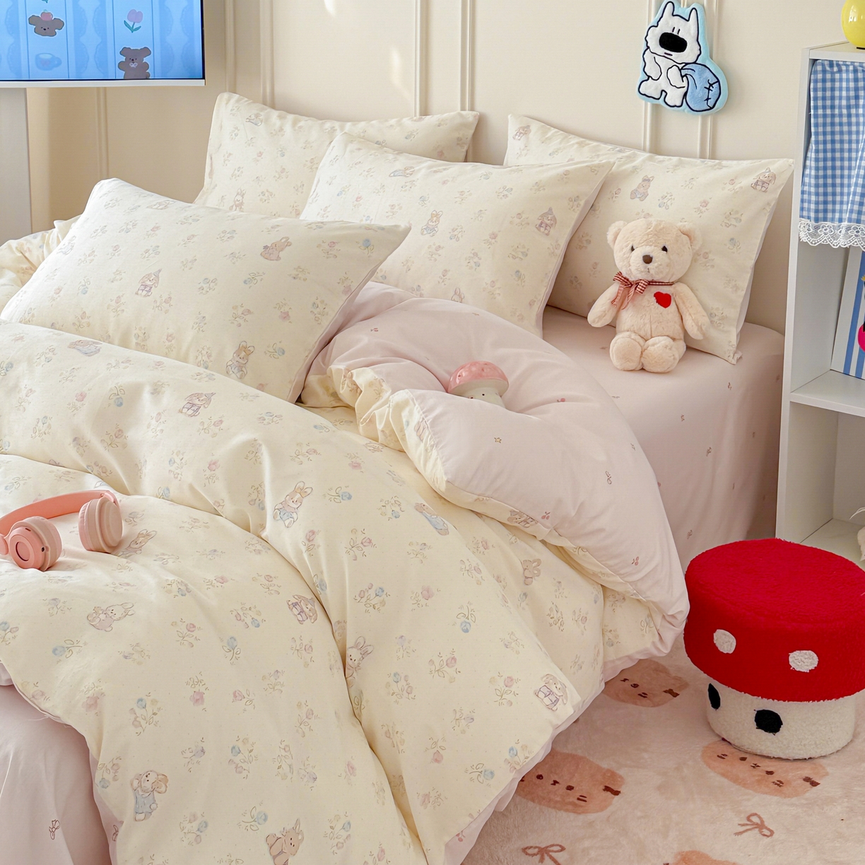 91家纺网 家纺一手货源 找家纺 简宜家居（朝初家纺） 2026新款全棉12868卡通印花四件套大耳朵兔兔系列 兔叽碎花
